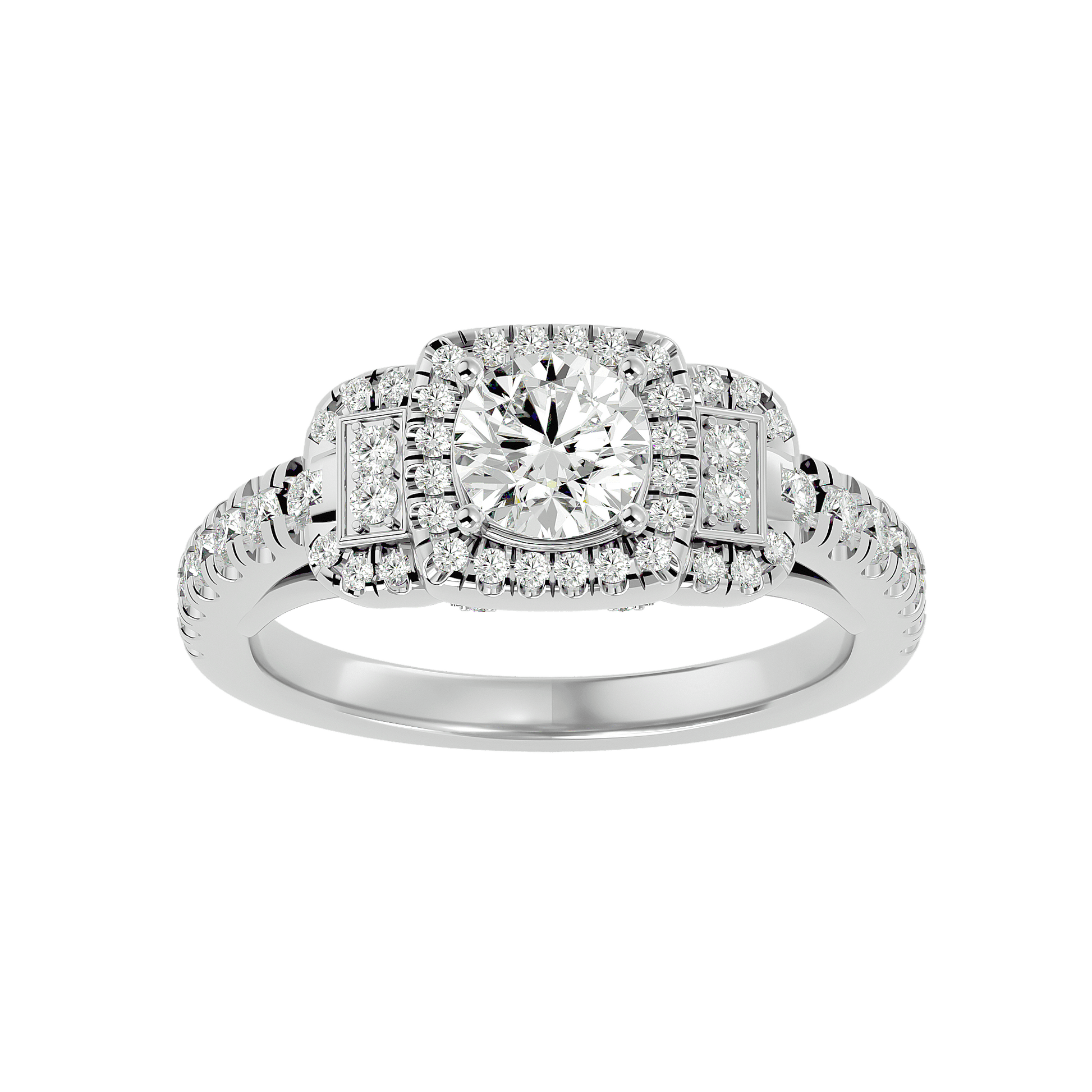 Lab Grown Round Diamond Halo Ring In Platinum Triple Accents