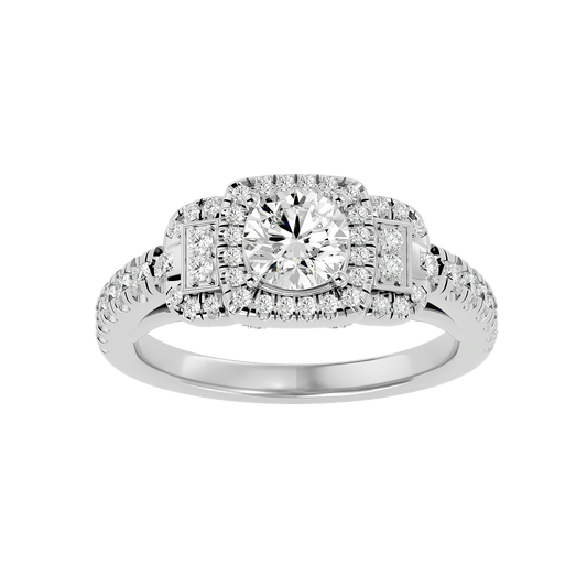 Lab Grown Round Diamond Halo Ring In Platinum Triple Accents