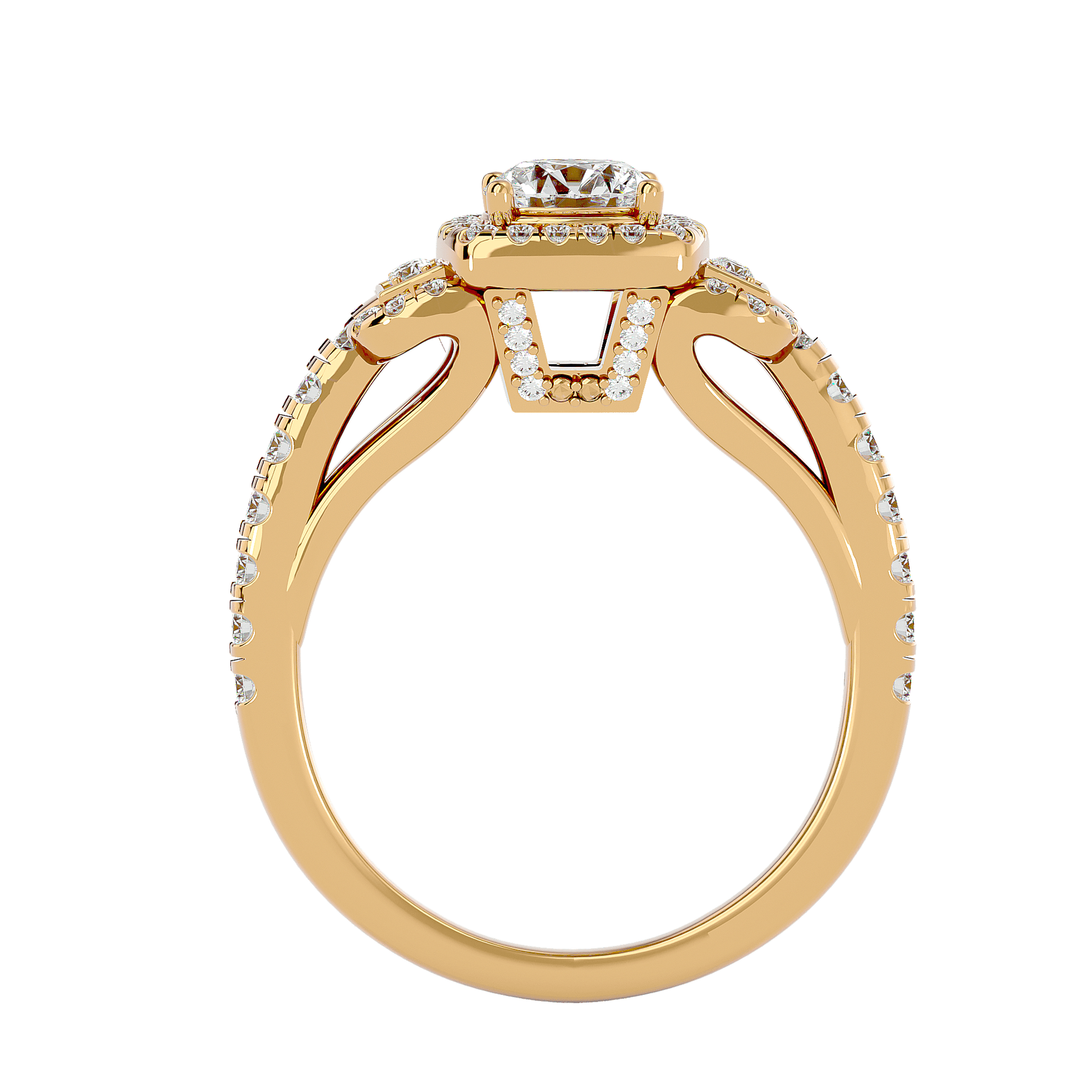 Lab Grown Round Diamond Halo Ring In Yellow Gold Triple Accents