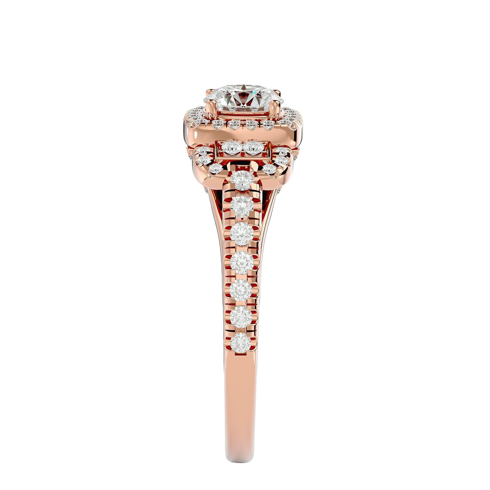 Lab Grown Round Diamond Halo Ring In Rose Gold Triple Accents