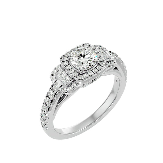 Lab Grown Round Diamond In White Gold Halo Ring Triple Accents