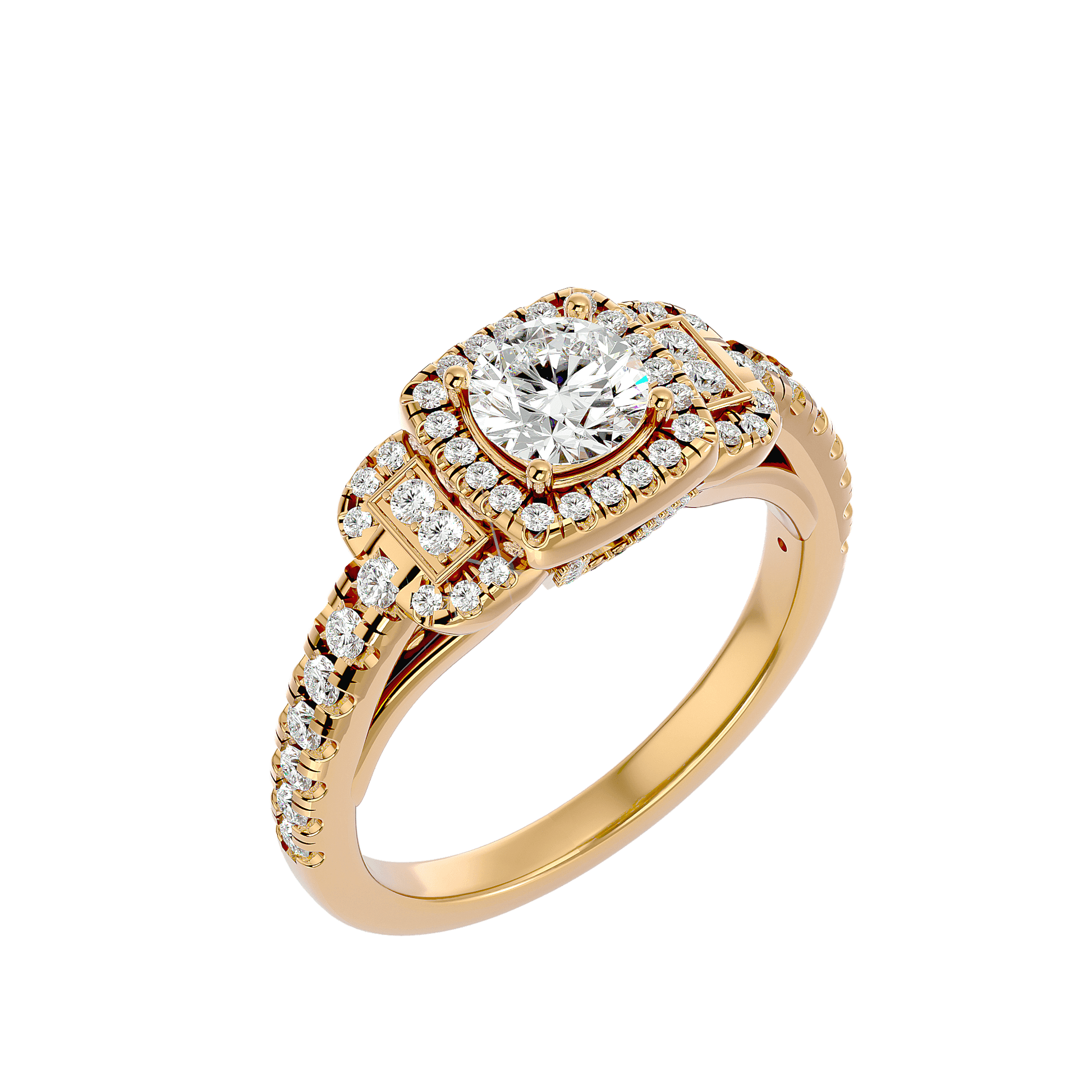 Lab Grown Round Diamond Halo Ring In Yellow Gold Triple Accents