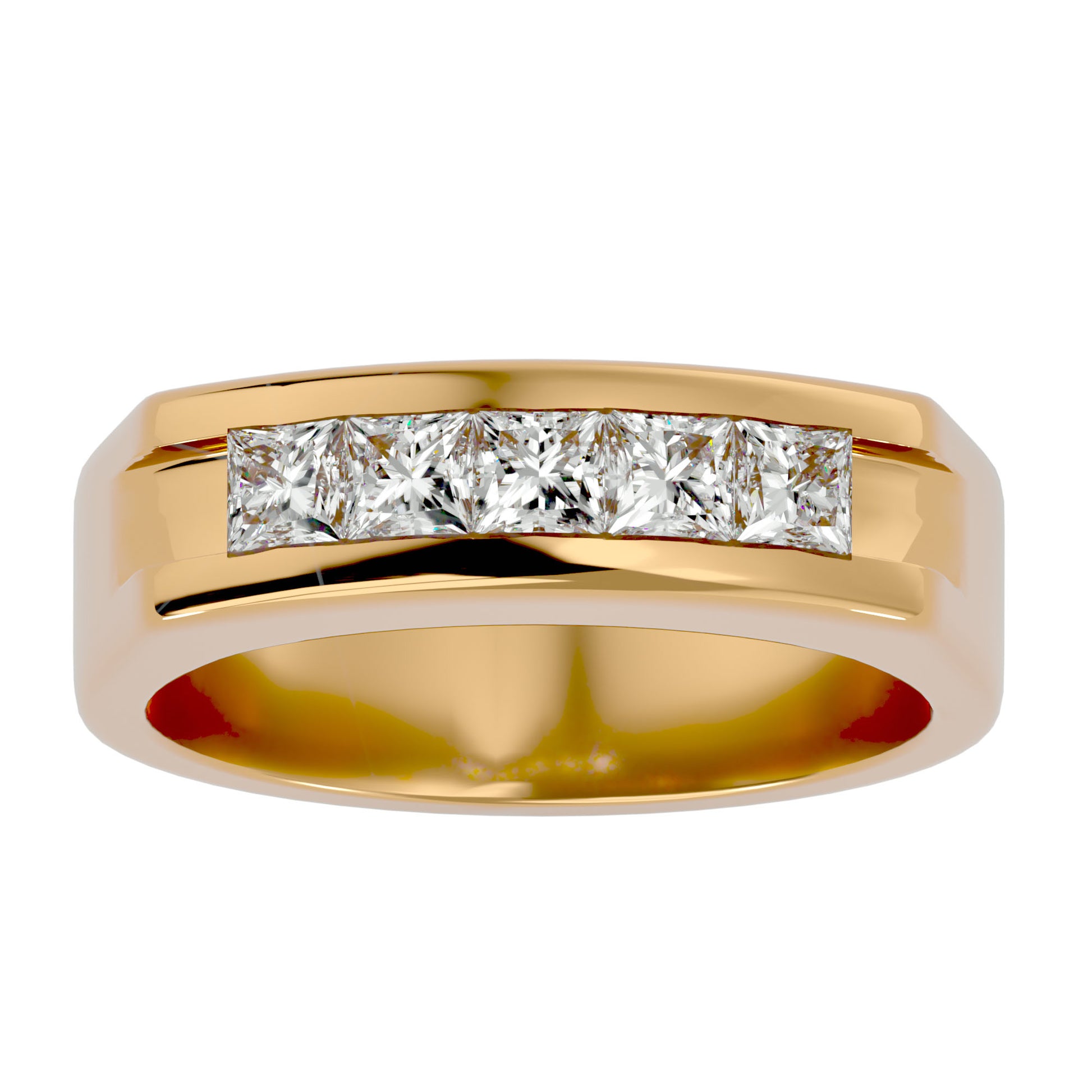 Lab Grown Princess Cut Diamond Heavy Mens Ring In Yellow Gold