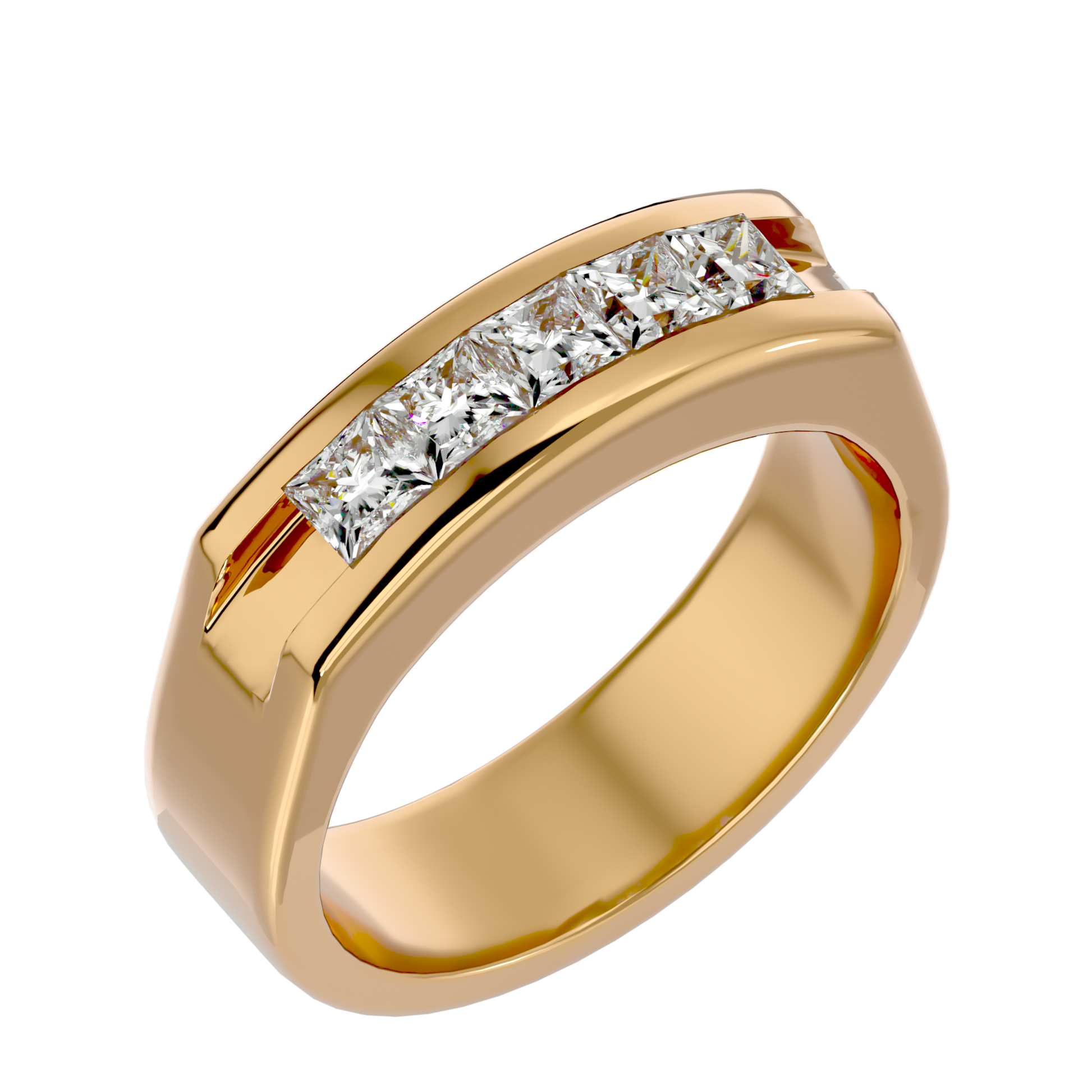 Lab Grown Princess Cut Diamond Heavy Mens Ring In Yellow Gold