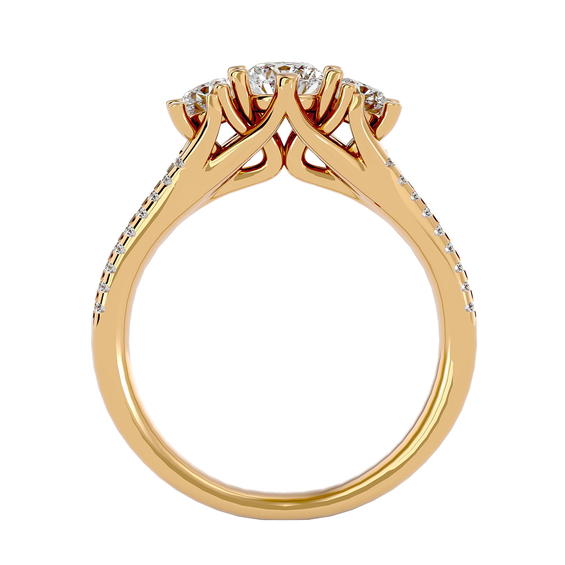 Lab Grown Round Cut Diamond Three Stone Ring In Yellow Gold