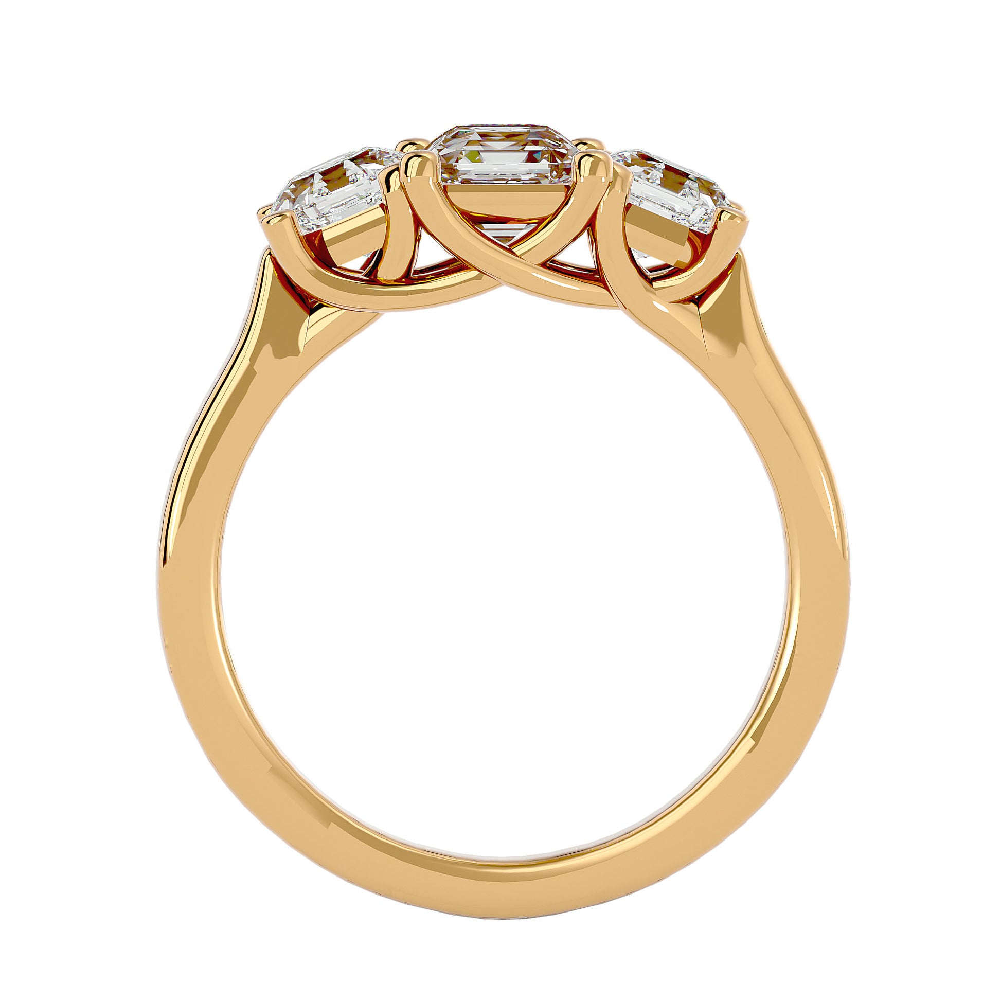 Lab Grown Emerald Cut Diamond Three Stone Ring In Yellow Gold