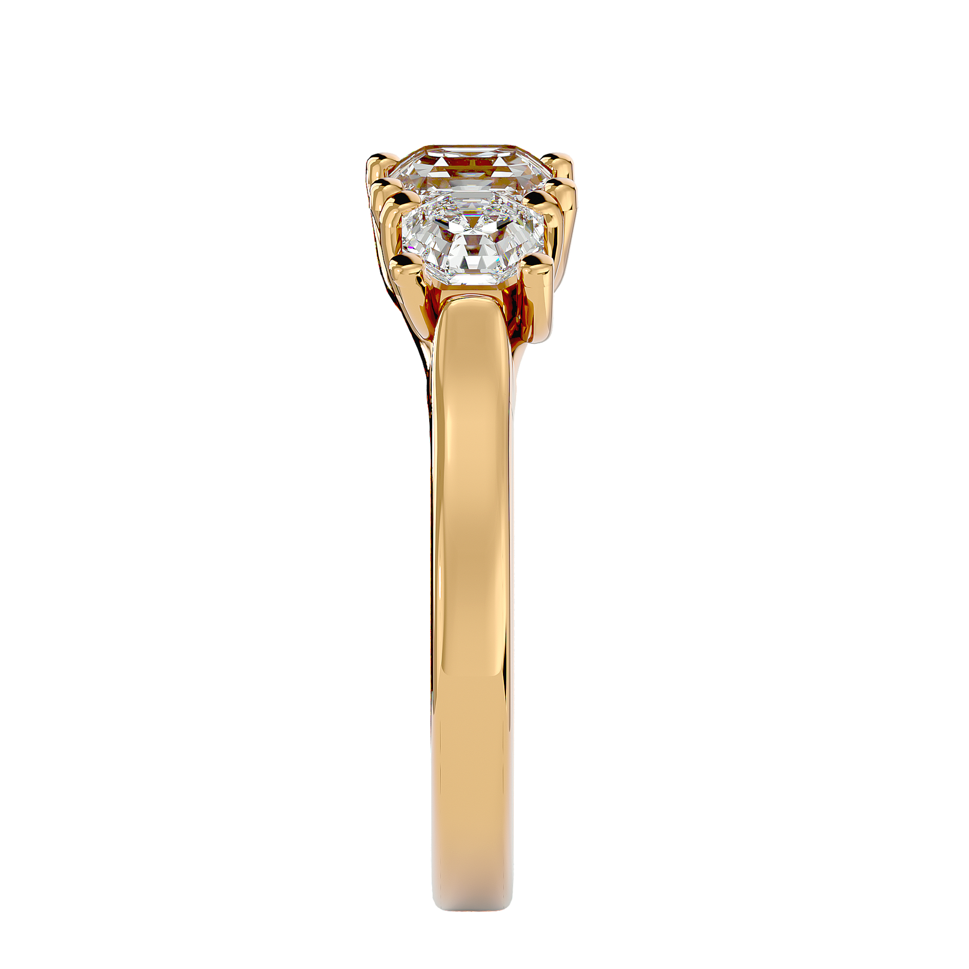 Lab Grown Emerald Cut Diamond Three Stone Ring In Yellow Gold