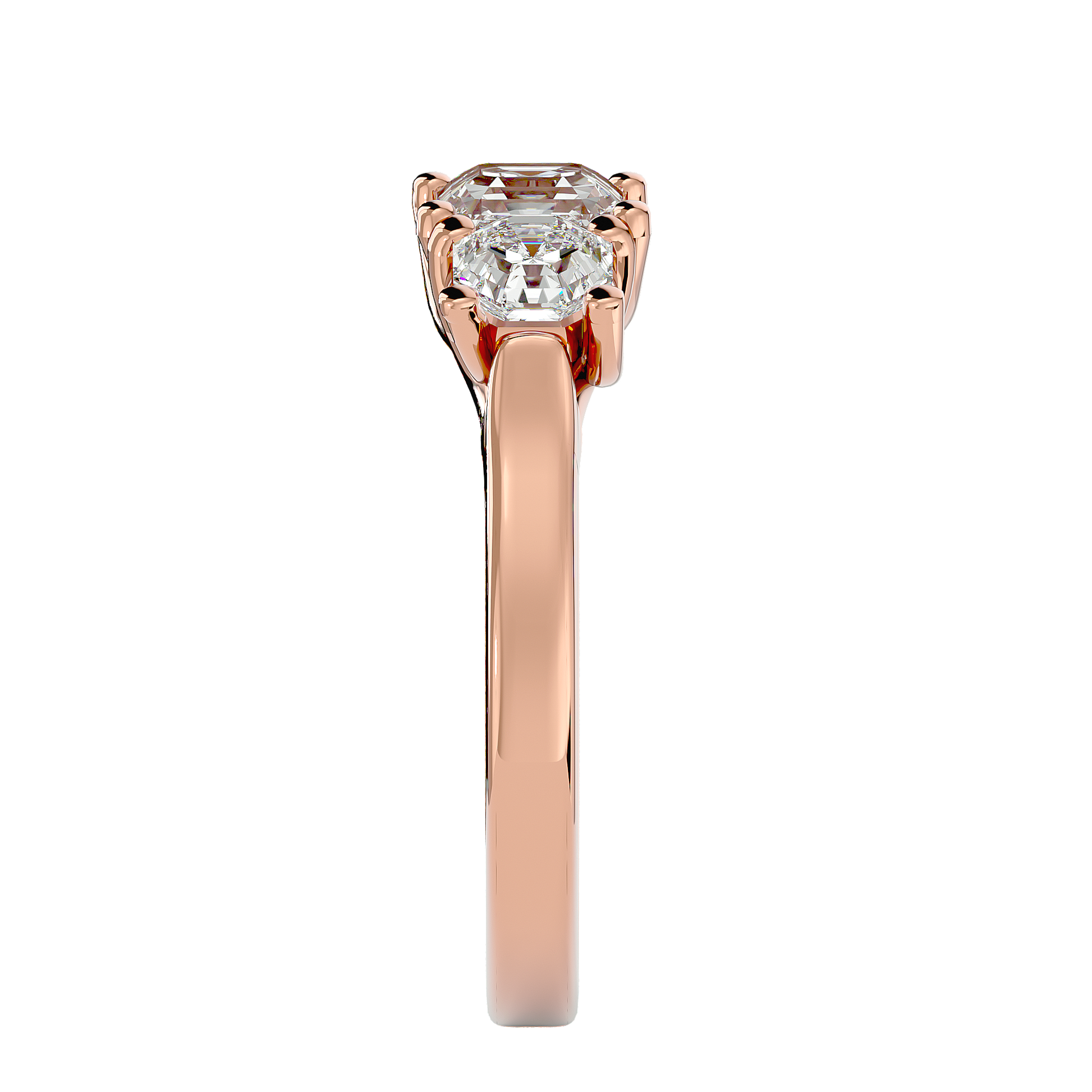 Lab Grown Emerald Cut Diamond Three Stone Ring In Rose Gold