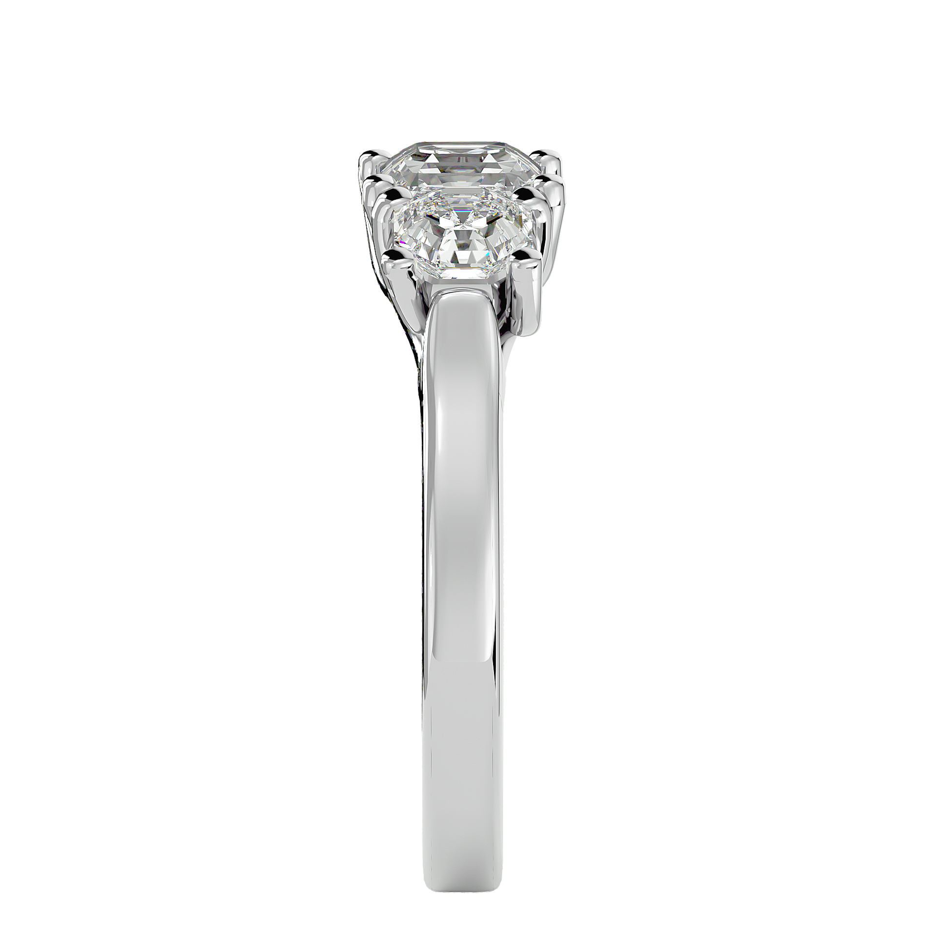 Lab Grown Emerald Cut Diamond In White Gold Three Stone Ring