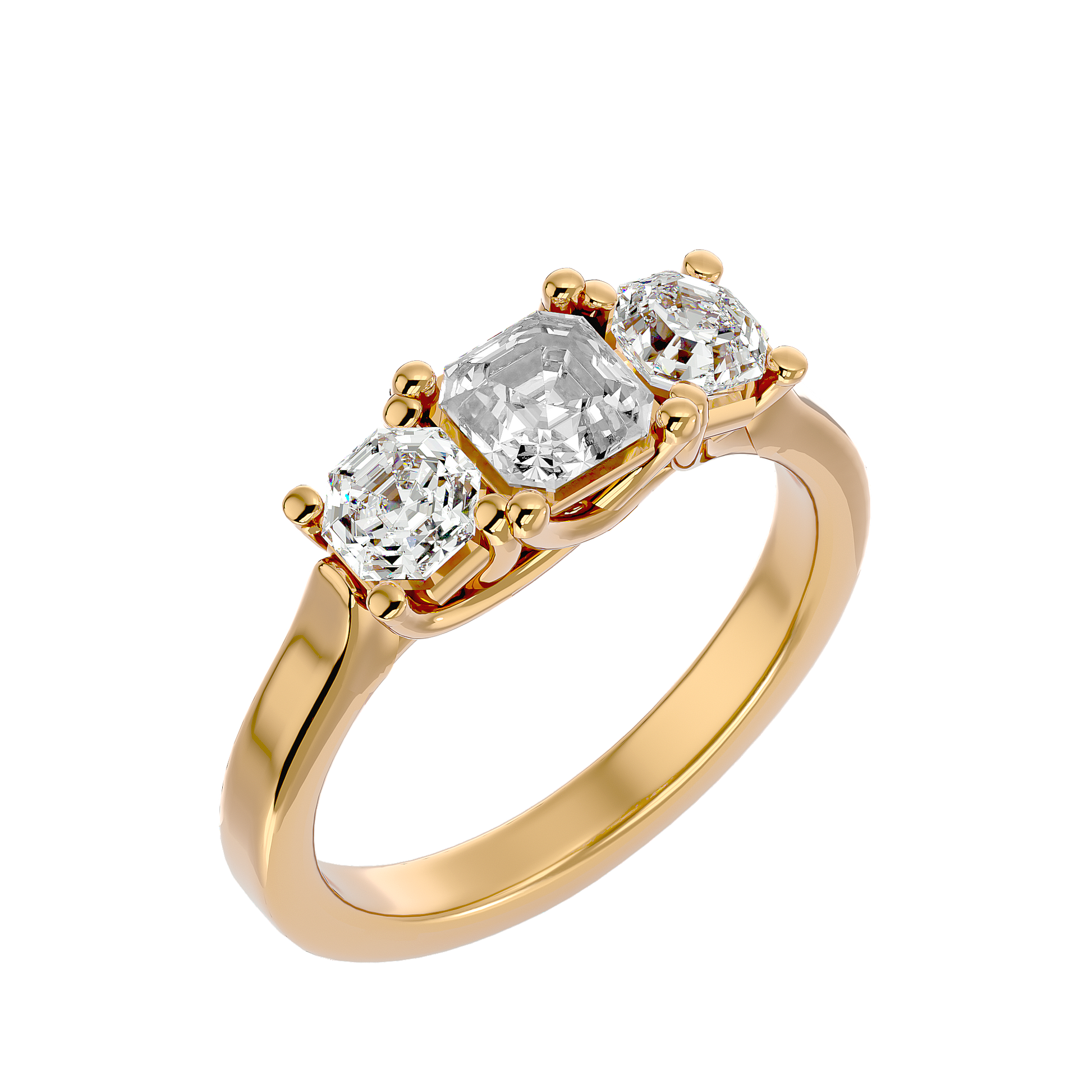 Lab Grown Emerald Cut Diamond Three Stone Ring In Yellow Gold