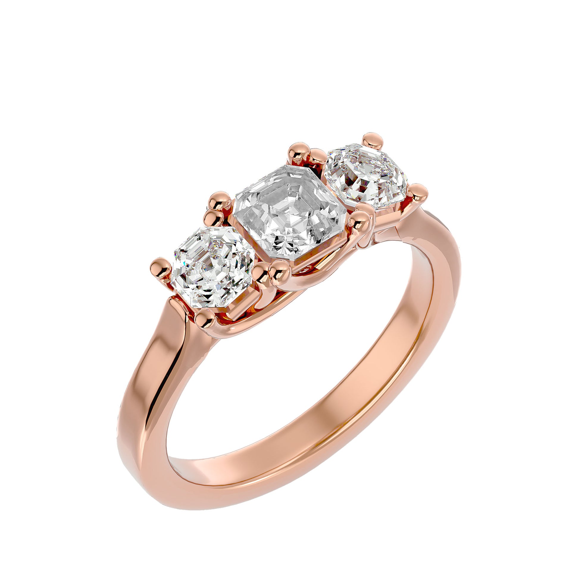 Lab Grown Emerald Cut Diamond Three Stone Ring In Rose Gold