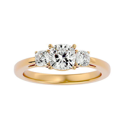 Lab Grown Cushion Cut Diamond Three Stone Ring In Yellow Gold