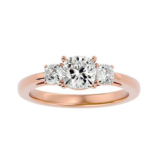 Lab Grown Cushion Cut Diamond Three Stone Ring In Rose Gold