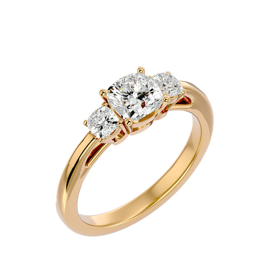 Lab Grown Cushion Cut Diamond Three Stone Ring In Yellow Gold