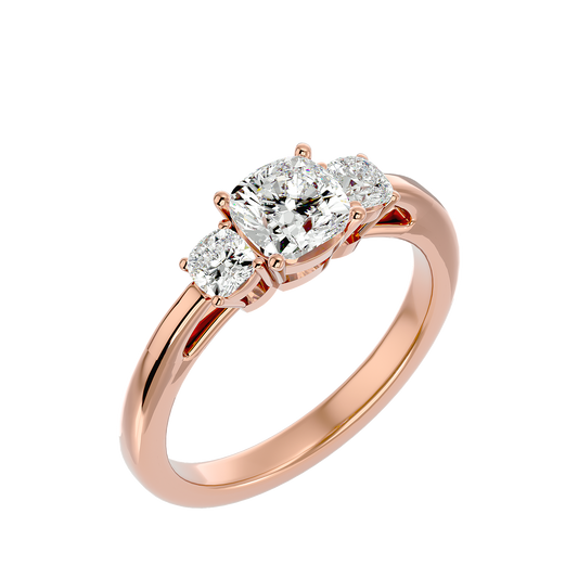 Lab Grown Cushion Cut Diamond Three Stone Ring In Rose Gold