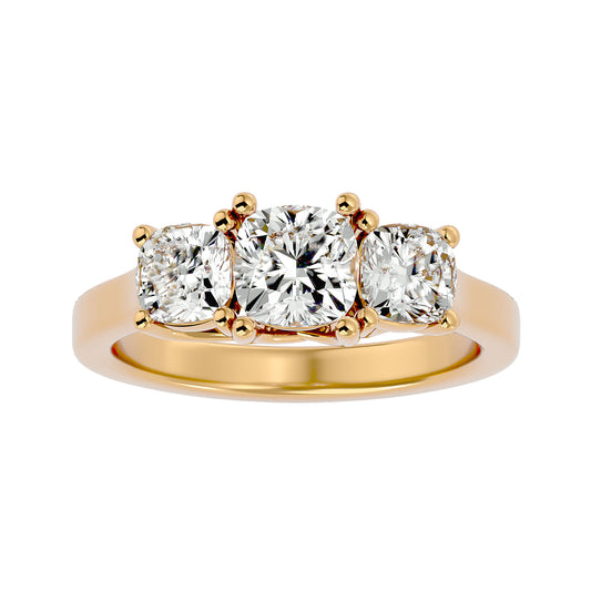 Lab Grown Cushion Cut Diamond Three Stone Ring In Yellow Gold