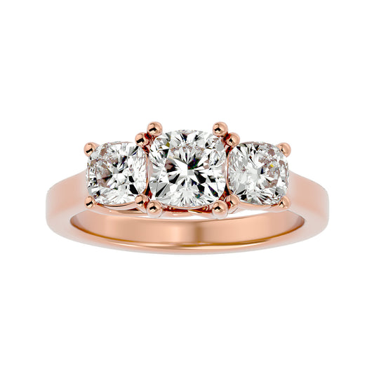 Lab Grown Cushion Cut Diamond Three Stone Ring In Rose Gold