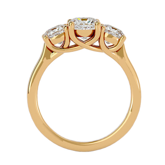 Lab Grown Cushion Cut Diamond Three Stone Ring In Yellow Gold