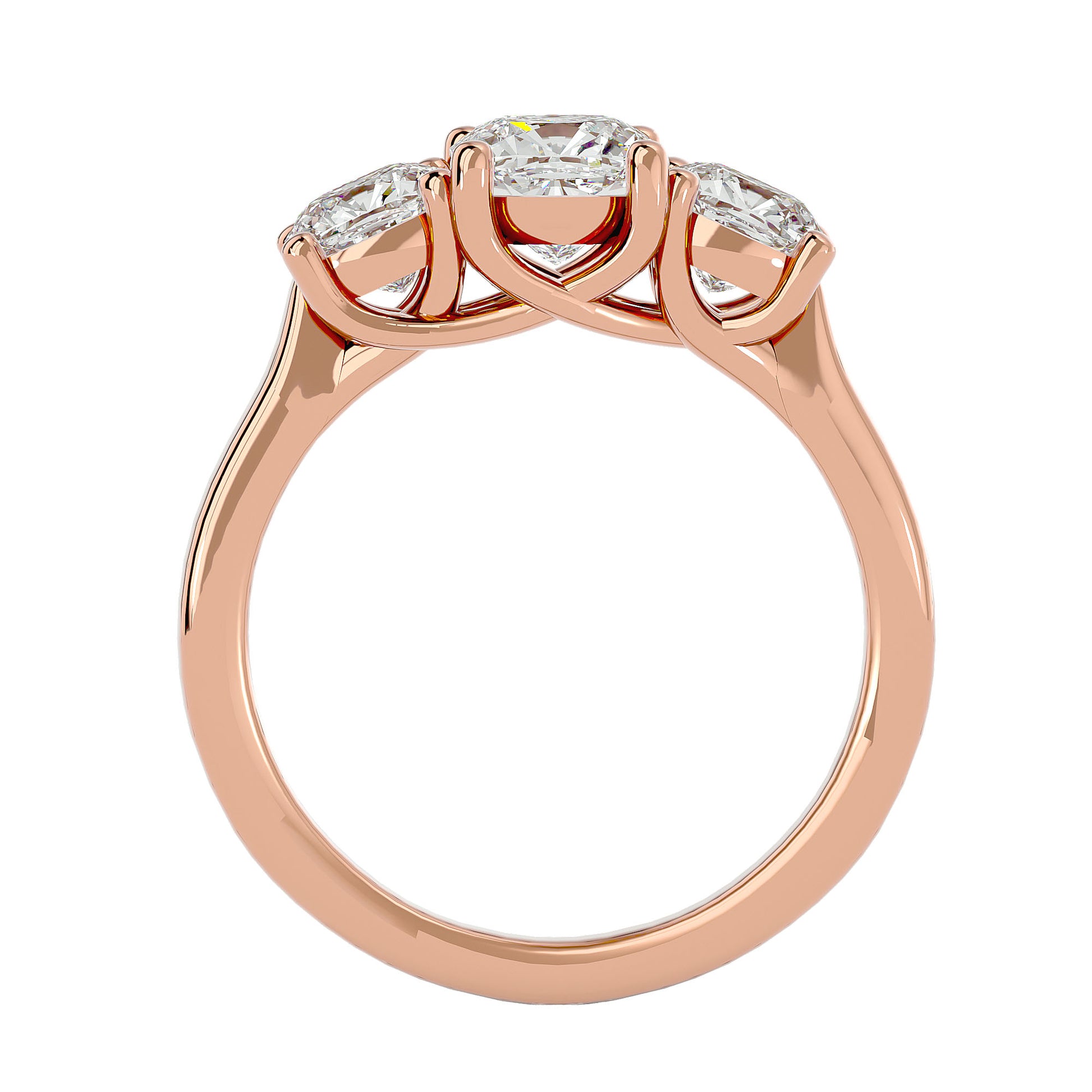 Lab Grown Cushion Cut Diamond Three Stone Ring In Rose Gold