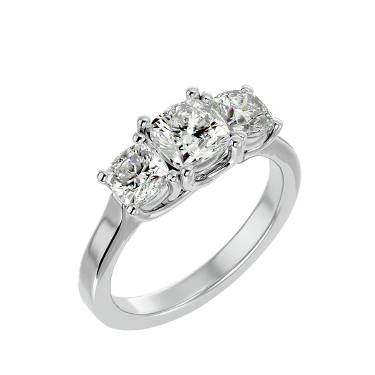 Lab Grown Cushion Cut Diamond Three Stone Ring In Platinum