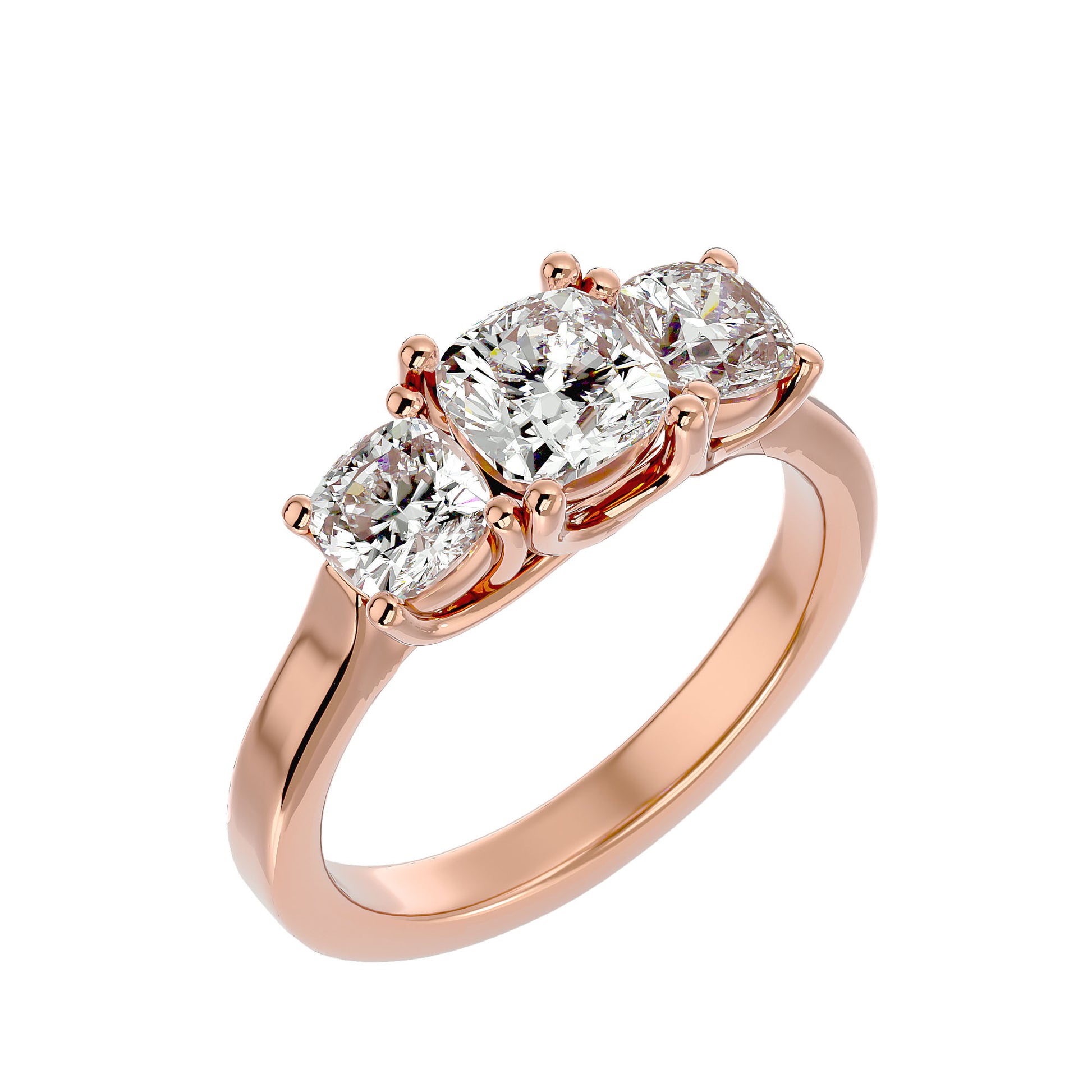 Lab Grown Cushion Cut Diamond Three Stone Ring In Rose Gold