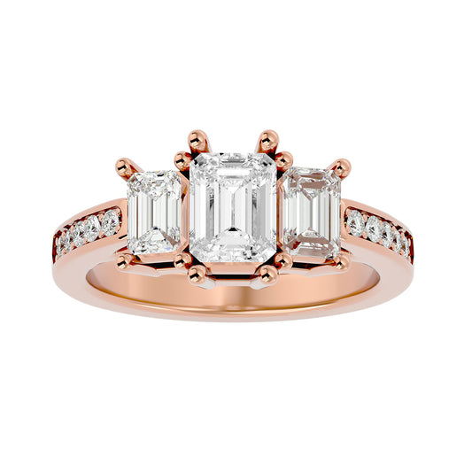 Lab Grown Emerald Cut Diamond Three Stone Ring In Rose Gold