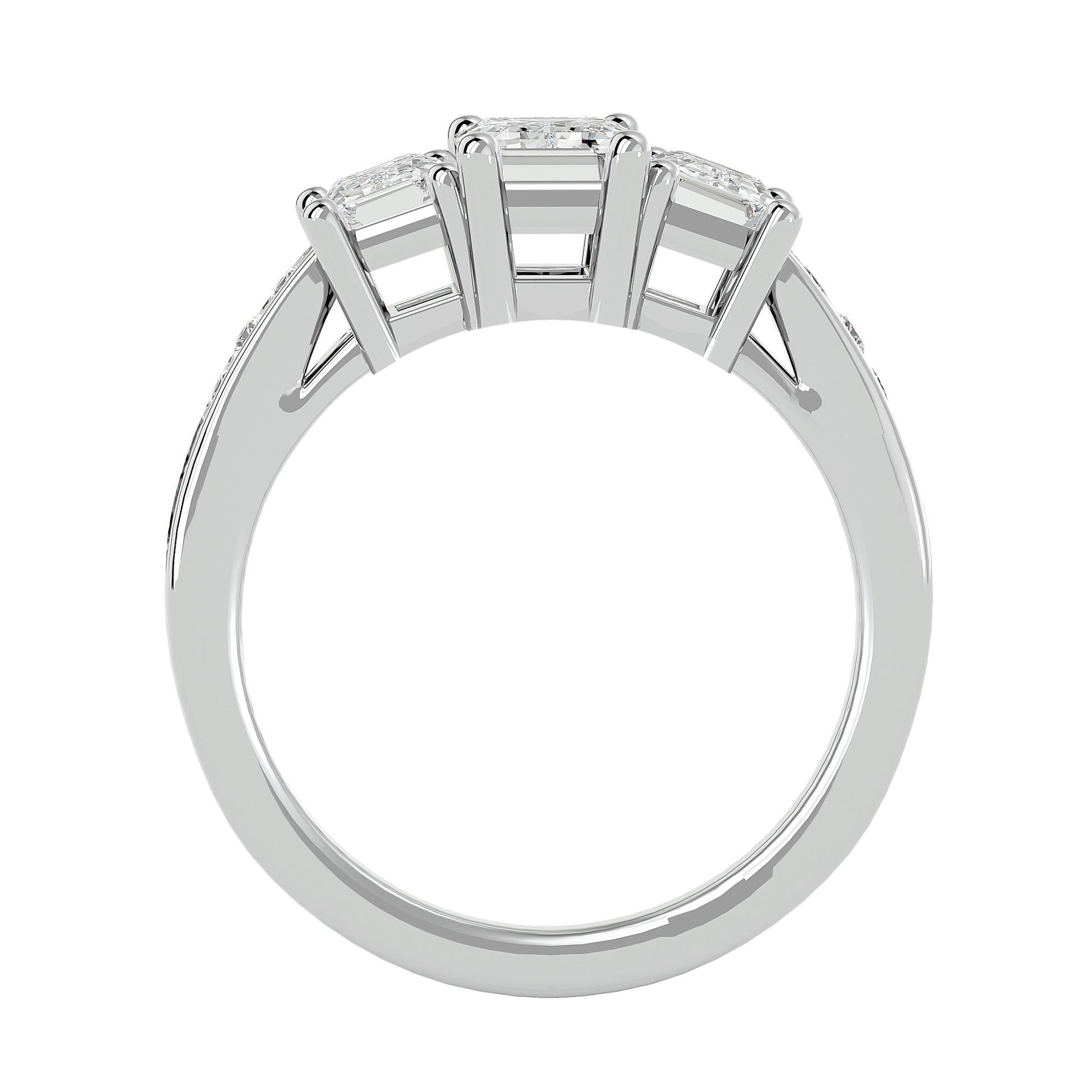 Lab Grown Emerald Cut Diamond In White Gold Three Stone Ring