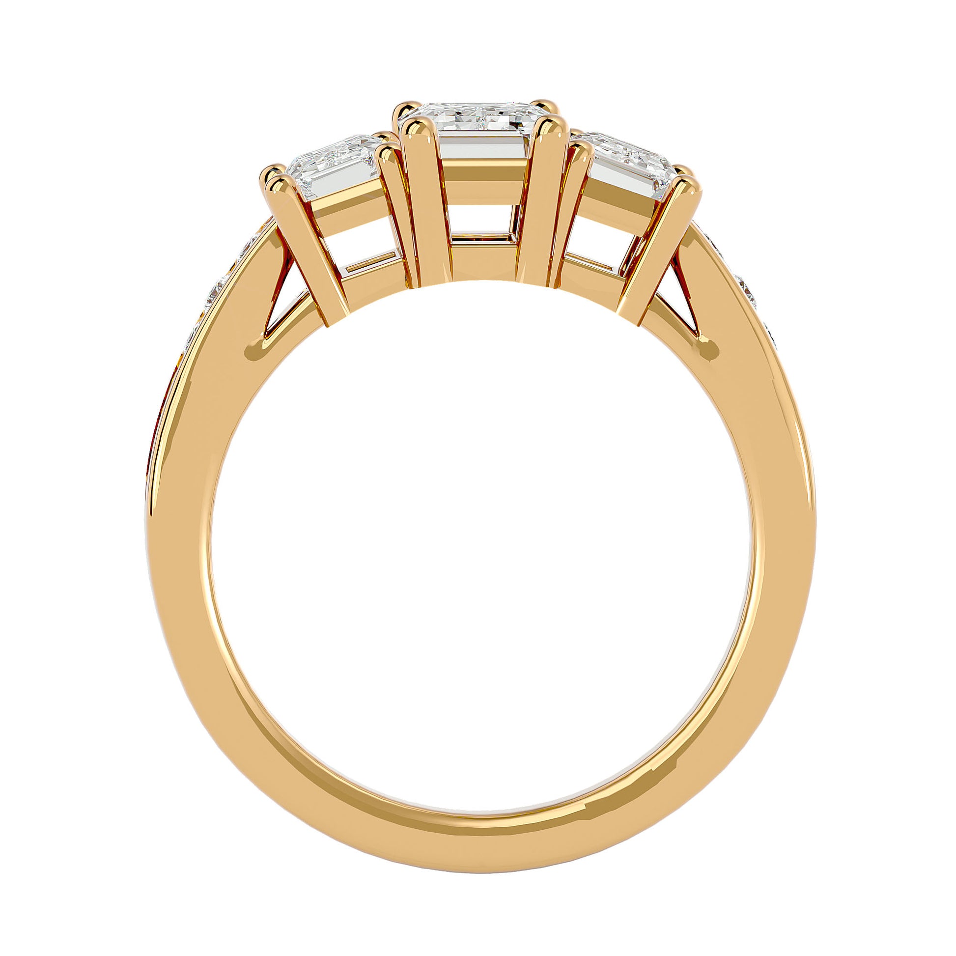 Lab Grown Emerald Cut Diamond Three Stone Ring In Yellow Gold