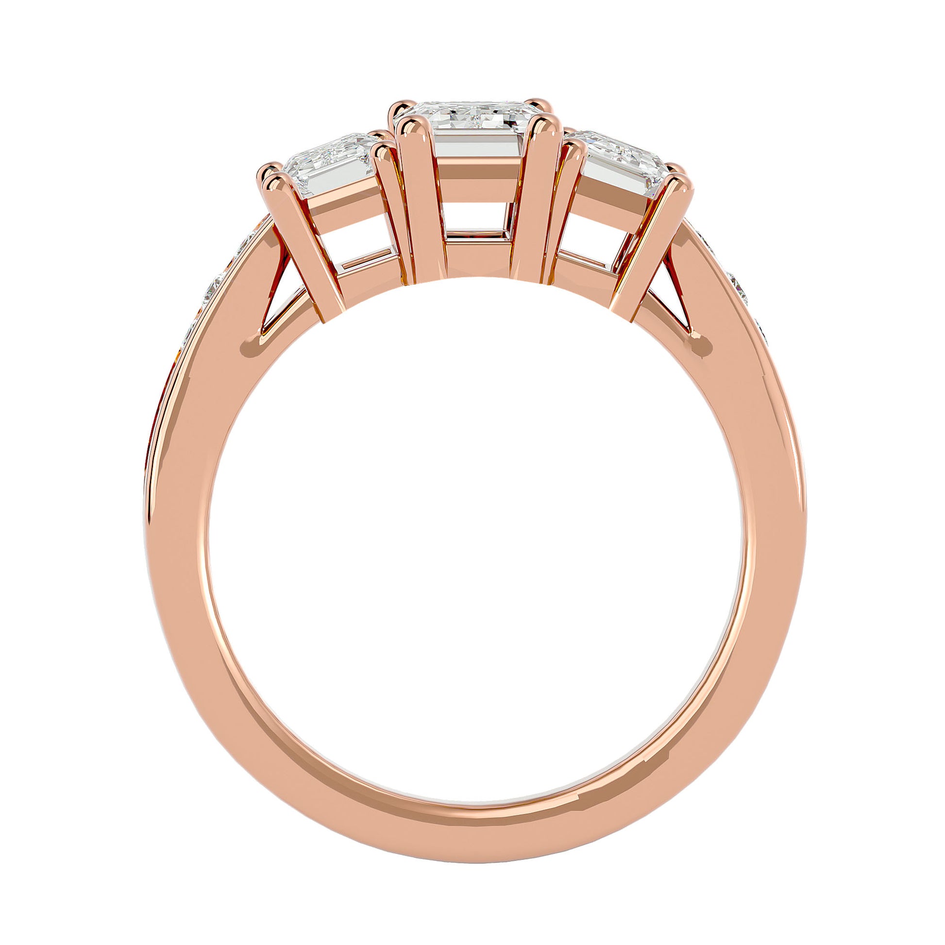 Lab Grown Emerald Cut Diamond Three Stone Ring In Rose Gold