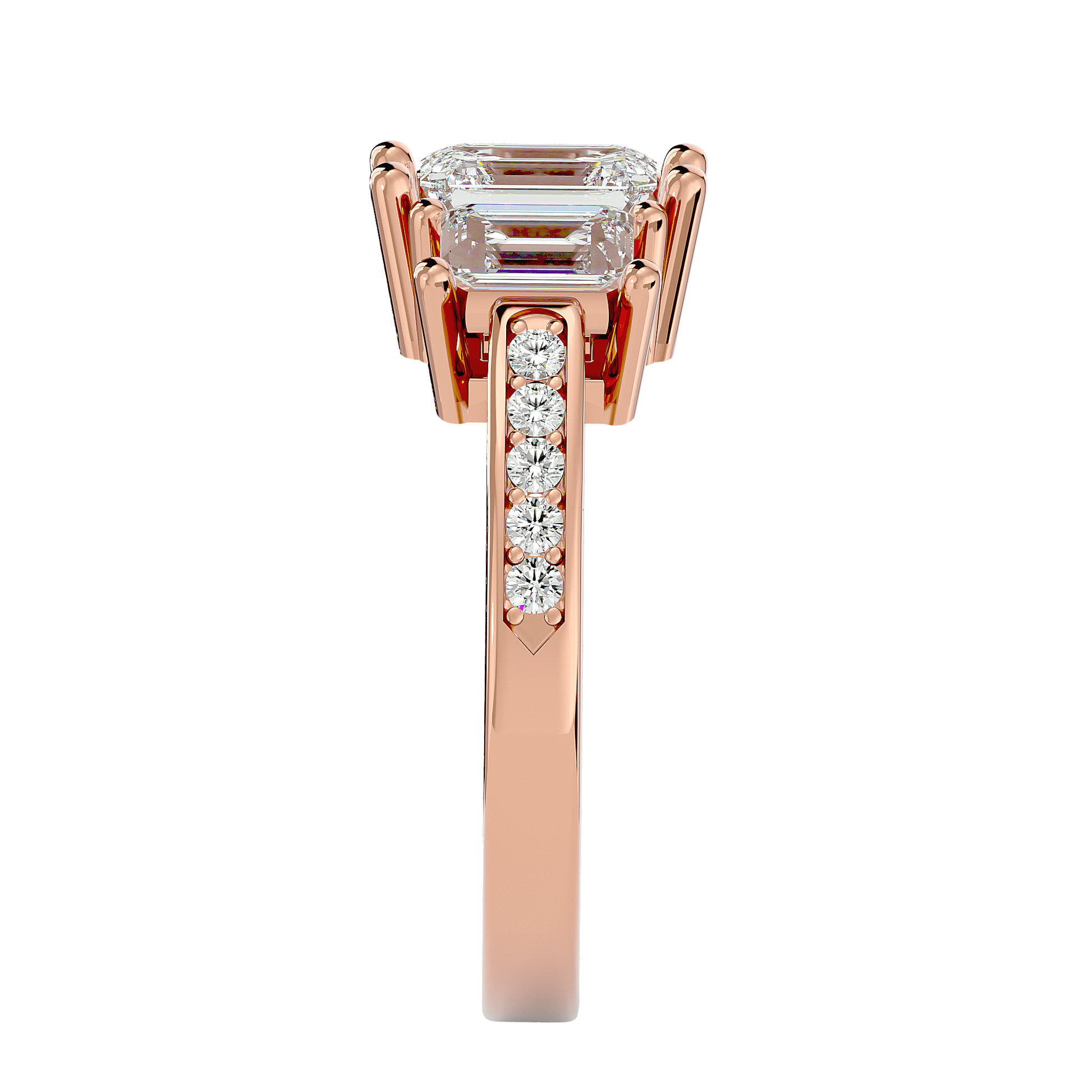 Lab Grown Emerald Cut Diamond Three Stone Ring In Rose Gold