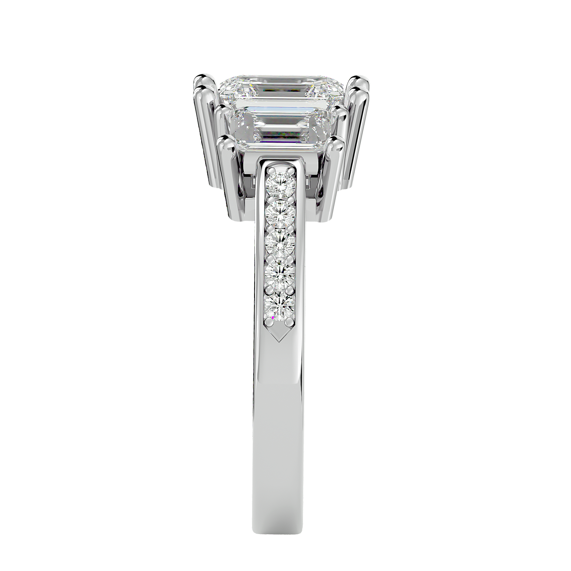 Lab Grown Emerald Cut Diamond In White Gold Three Stone Ring