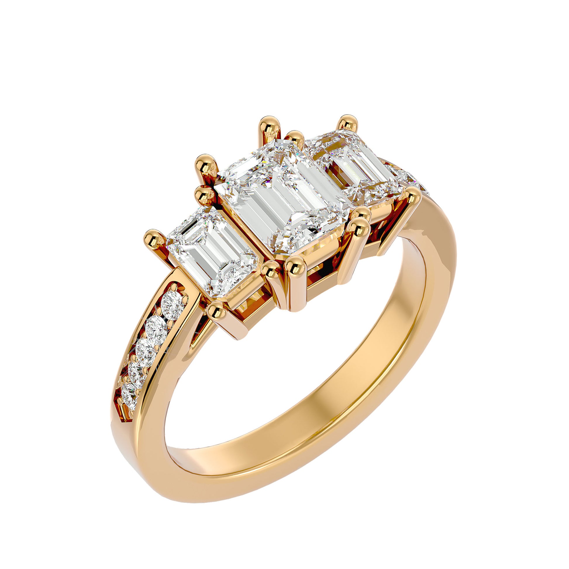 Lab Grown Emerald Cut Diamond Three Stone Ring In Yellow Gold