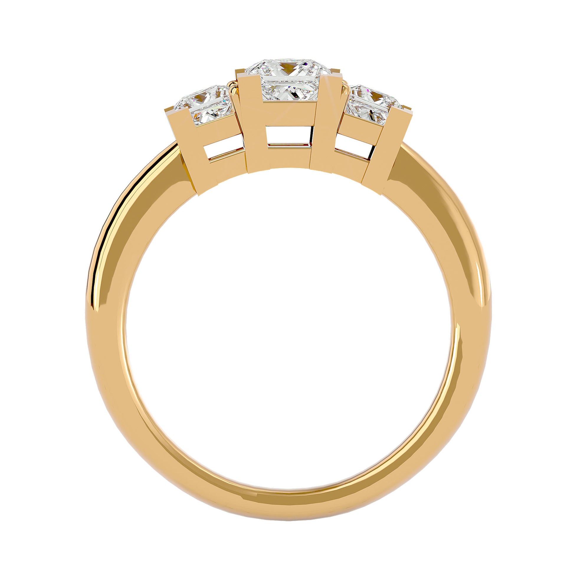 Lab Grown Princess Cut Diamond Three Stone Ring In Yellow Gold