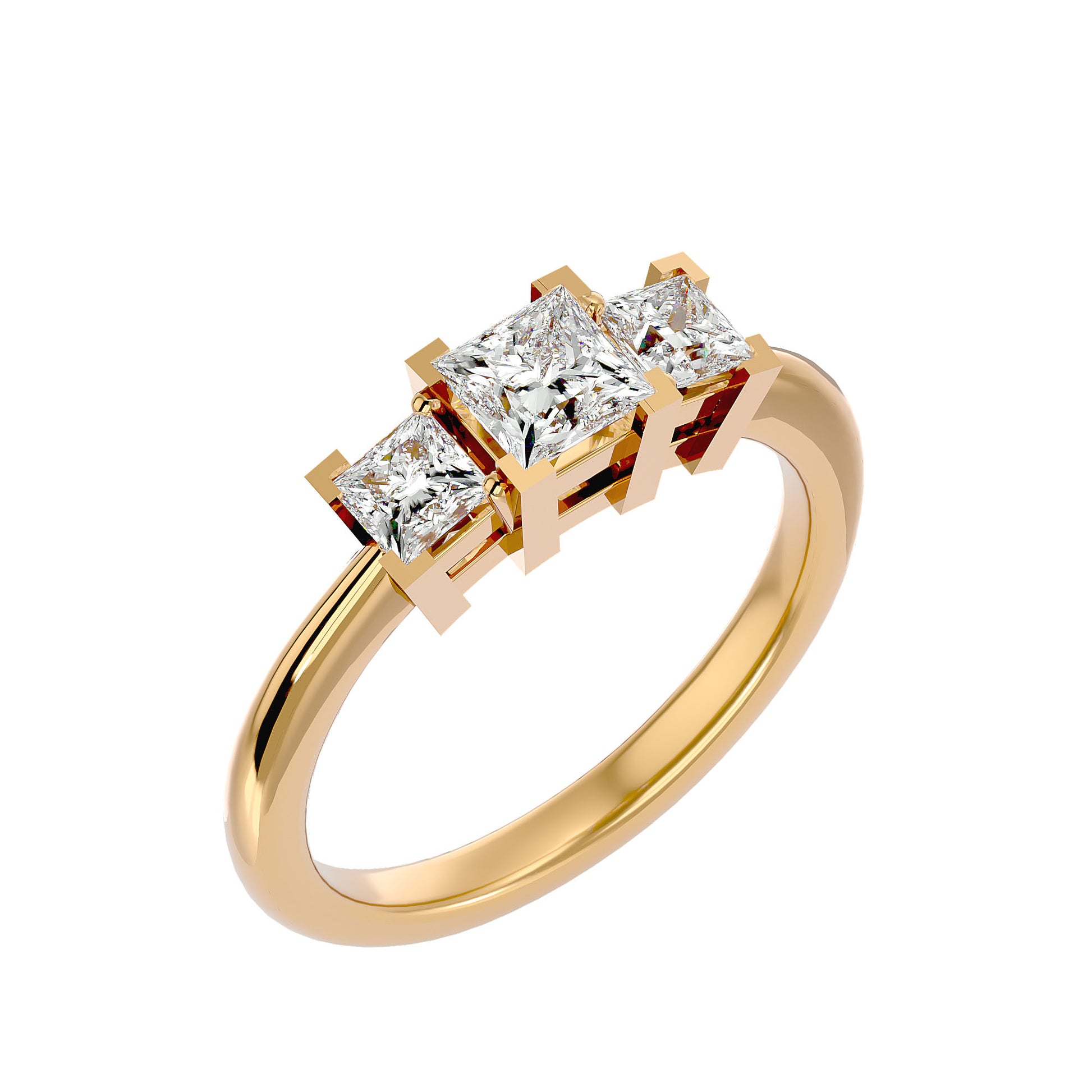 Lab Grown Princess Cut Diamond Three Stone Ring In Yellow Gold