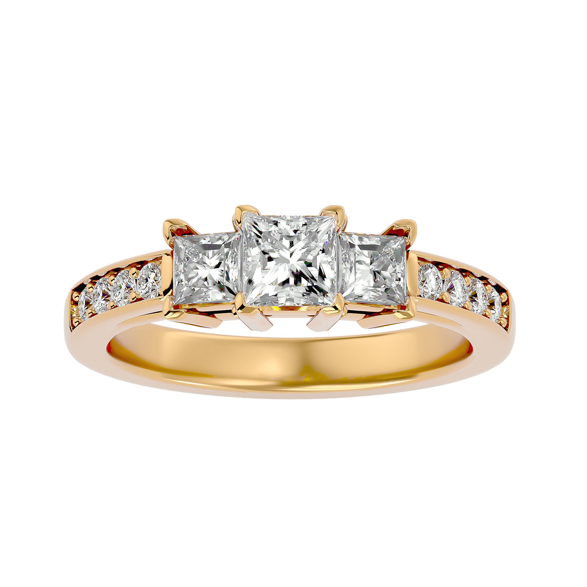 Lab Grown Princess Cut Diamond Three Stone Ring In Yellow Gold