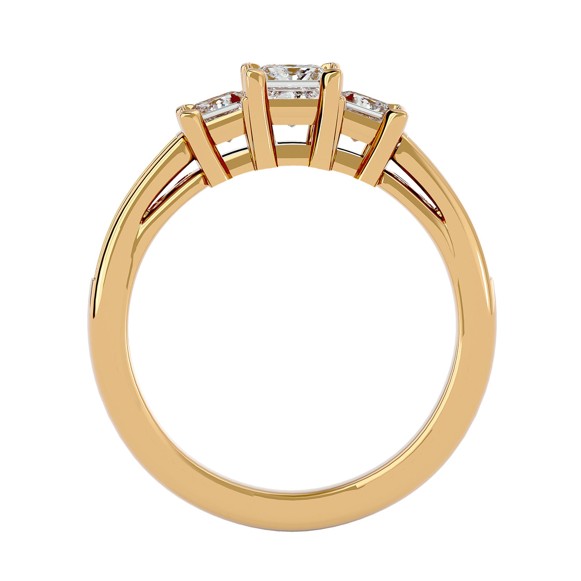 Lab Grown Princess Cut Diamond Three Stone Ring In Yellow Gold