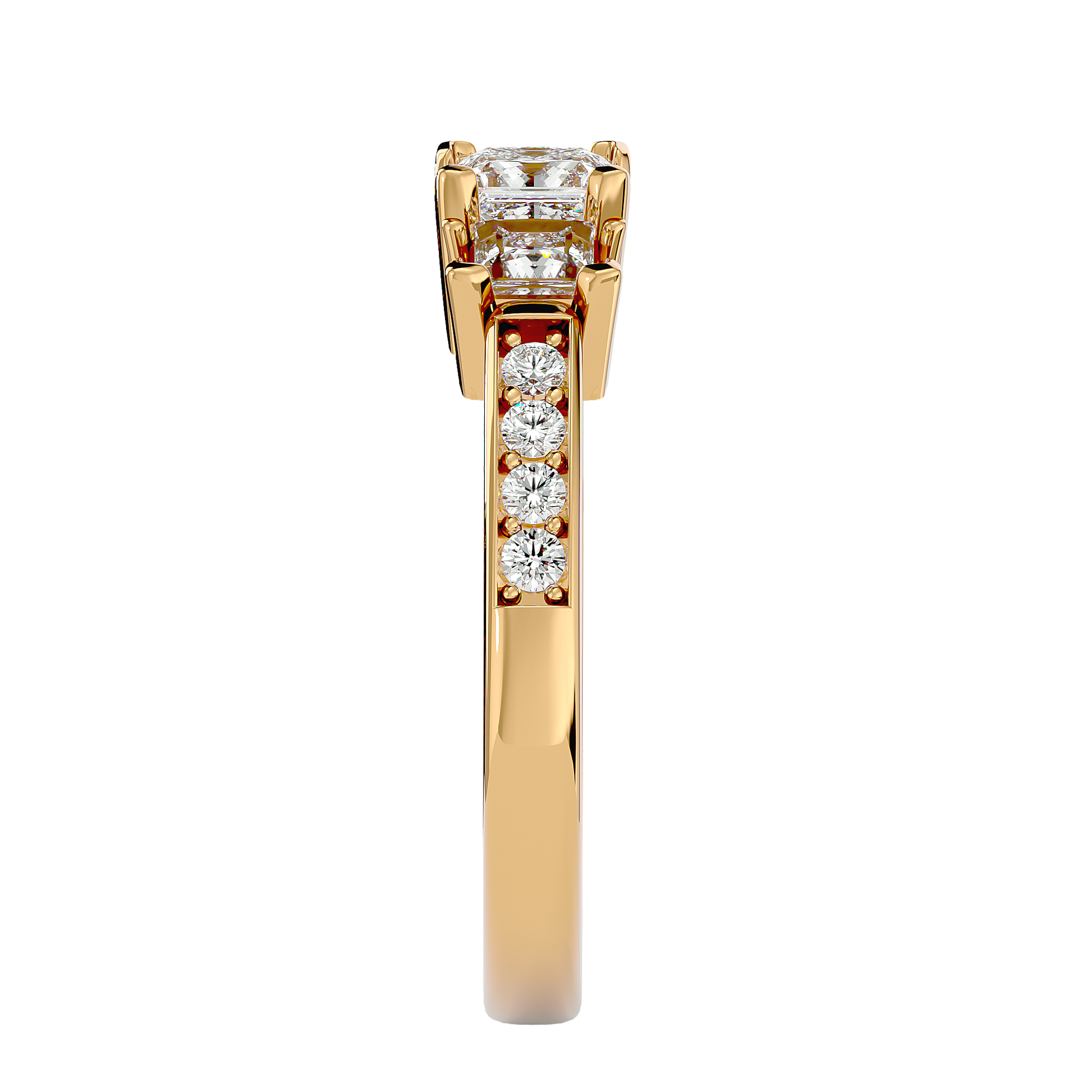 Lab Grown Princess Cut Diamond Three Stone Ring In Yellow Gold