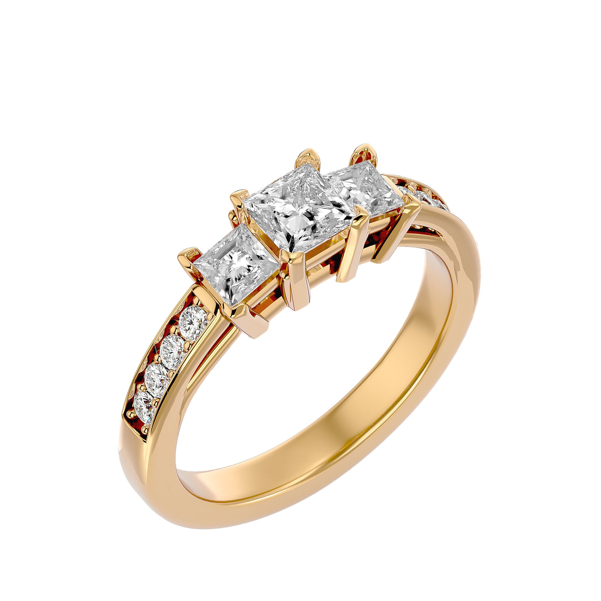 Lab Grown Princess Cut Diamond Three Stone Ring In Yellow Gold