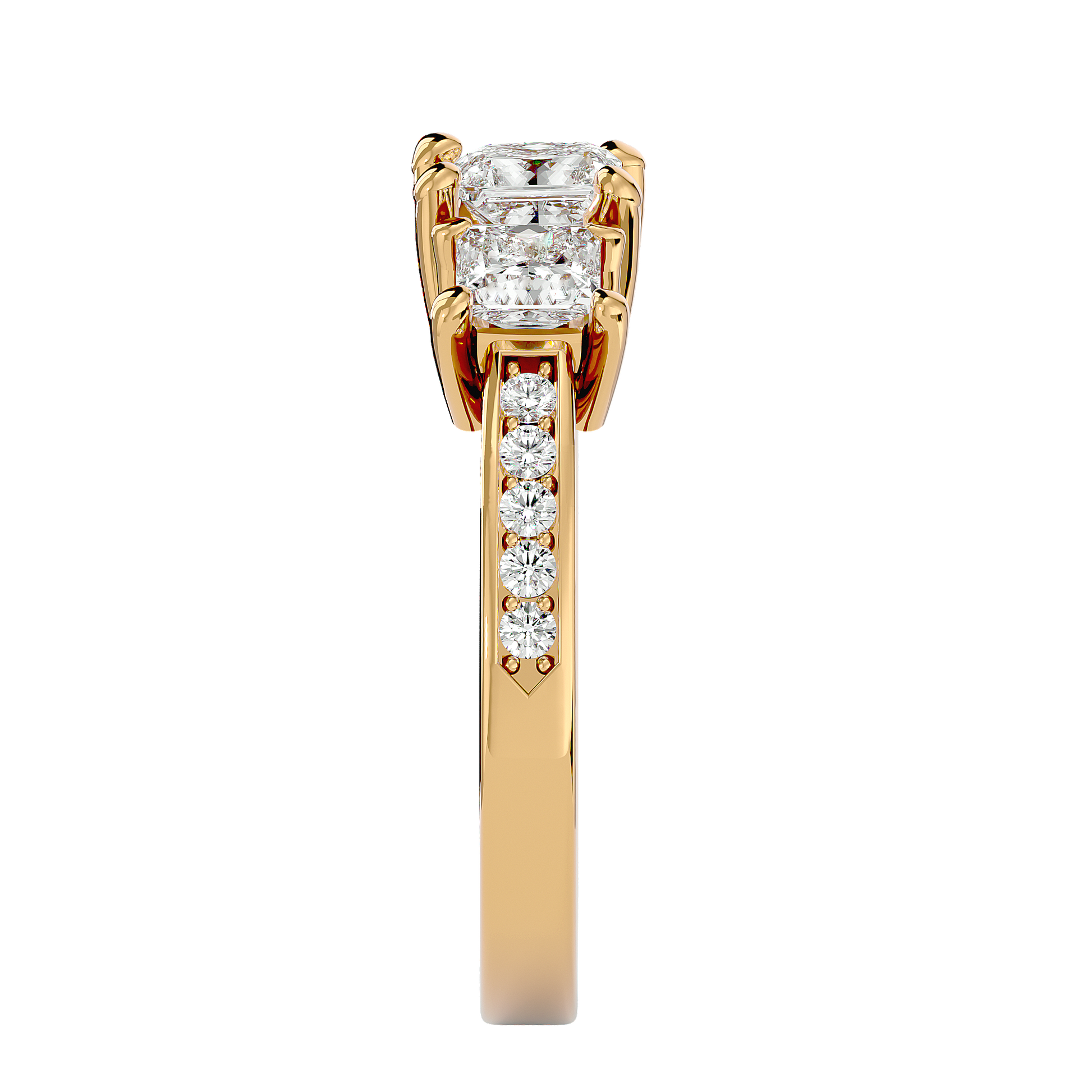 Lab Grown Princess Cut Diamond Three Stone Ring In Yellow Gold