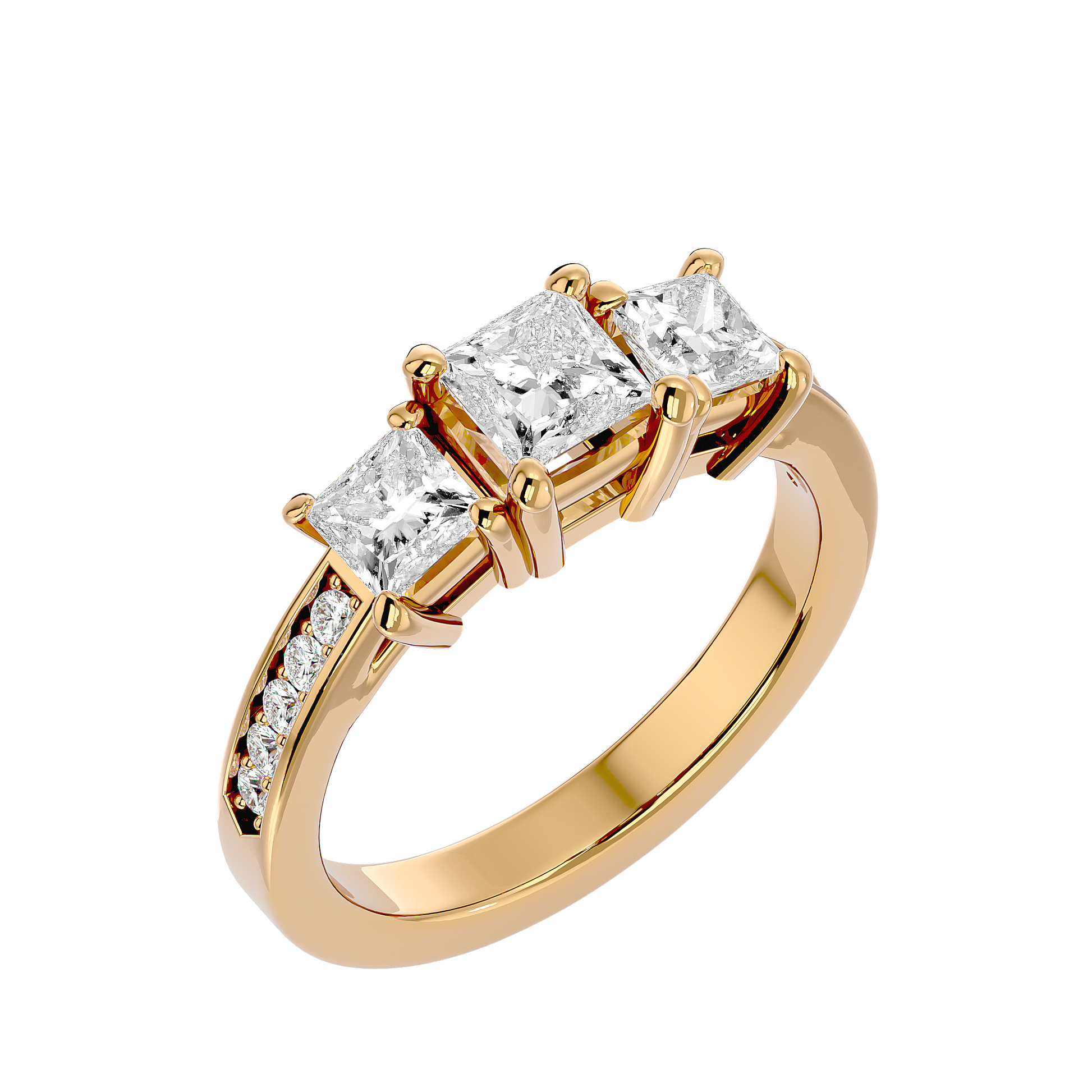 Lab Grown Princess Cut Diamond Three Stone Ring In Yellow Gold