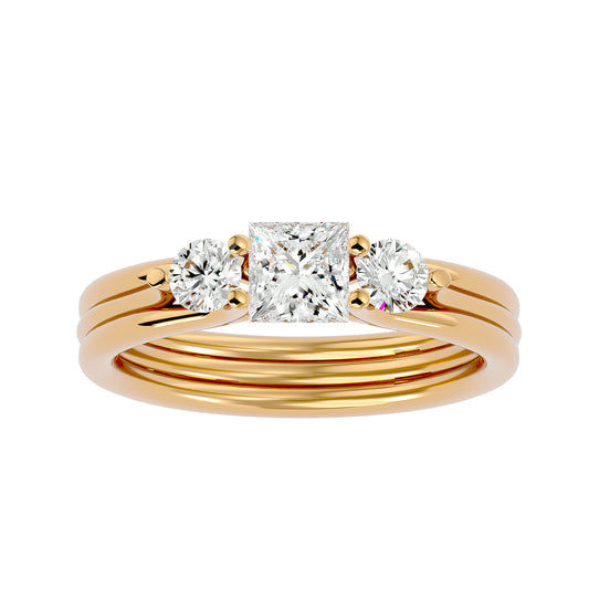 Lab Grown Princess Cut Diamond Three Stone Ring In Yellow Gold