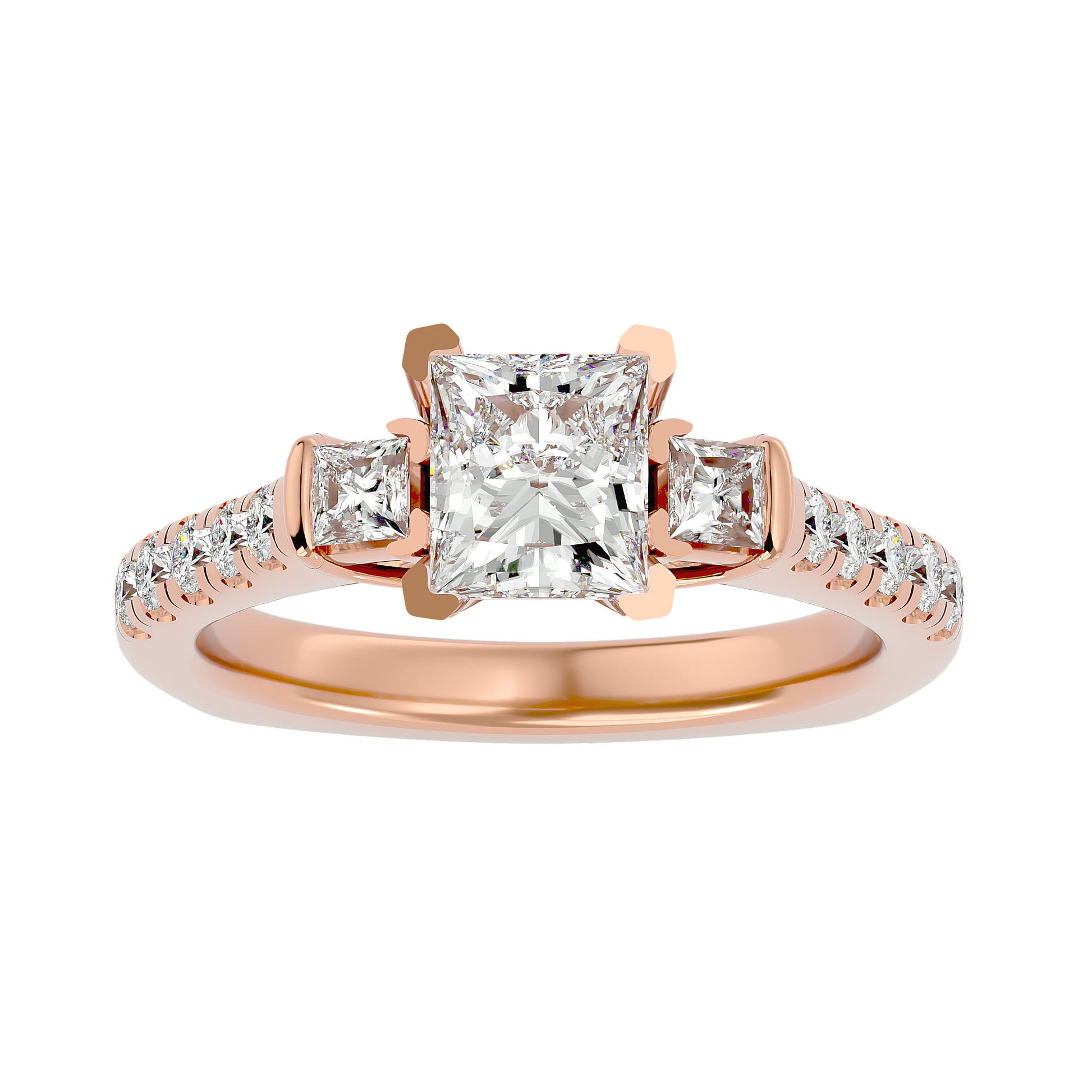 Lab Grown Princess Cut Diamond Three Stone Ring In Rose Gold