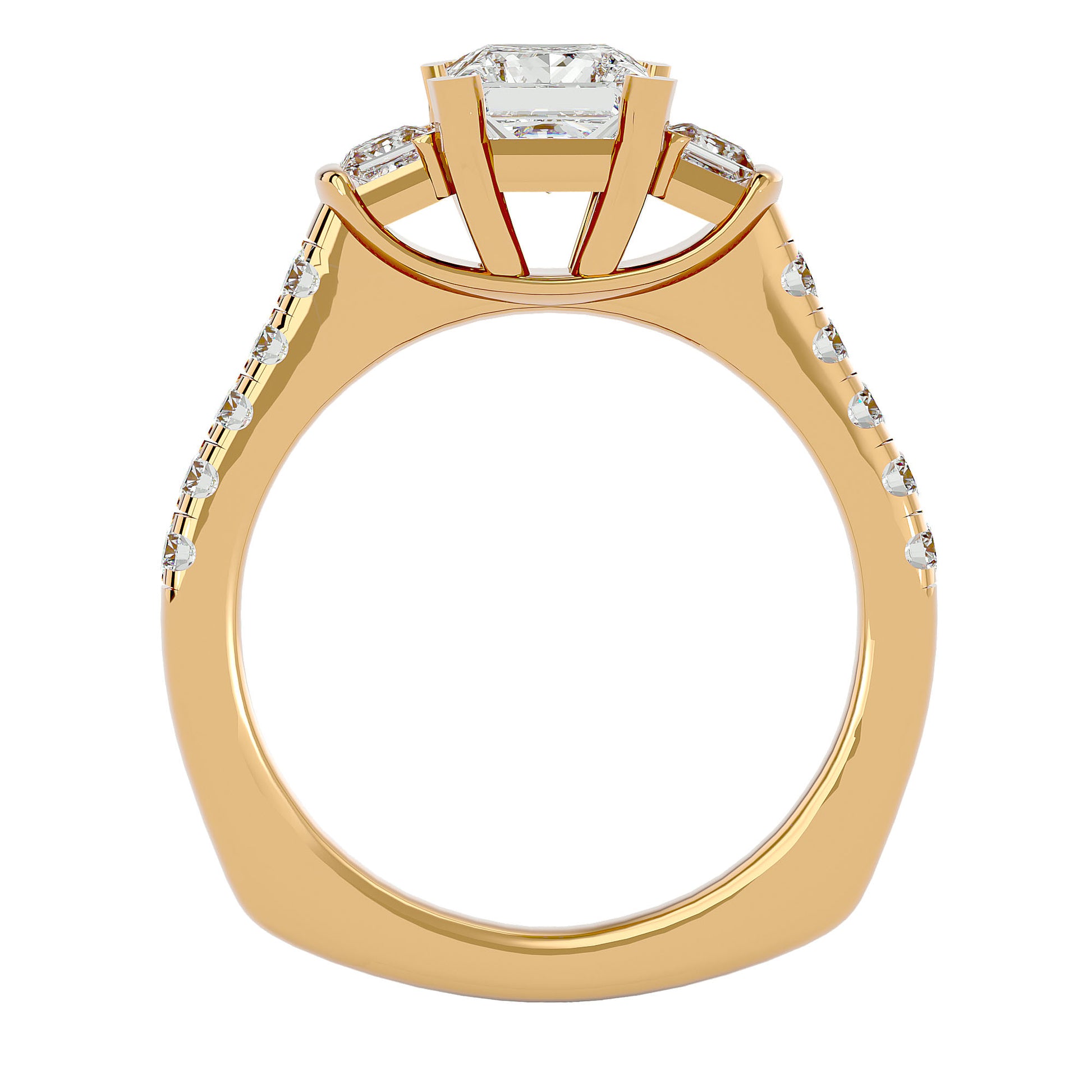 Lab Grown Princess Cut Diamond Three Stone Ring In Yellow Gold