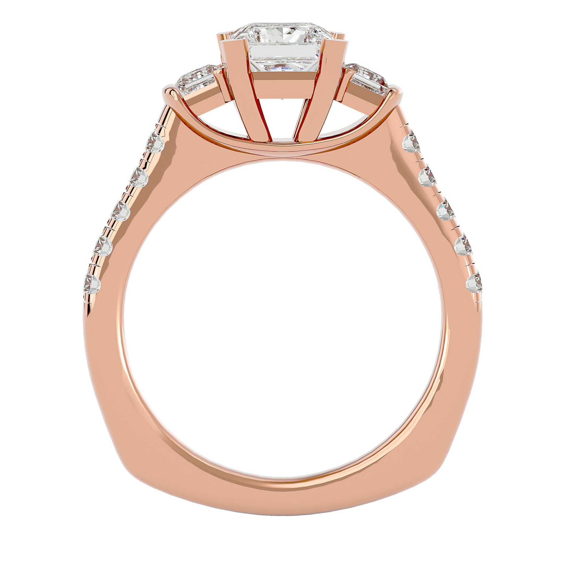 Lab Grown Princess Cut Diamond Three Stone Ring In Rose Gold