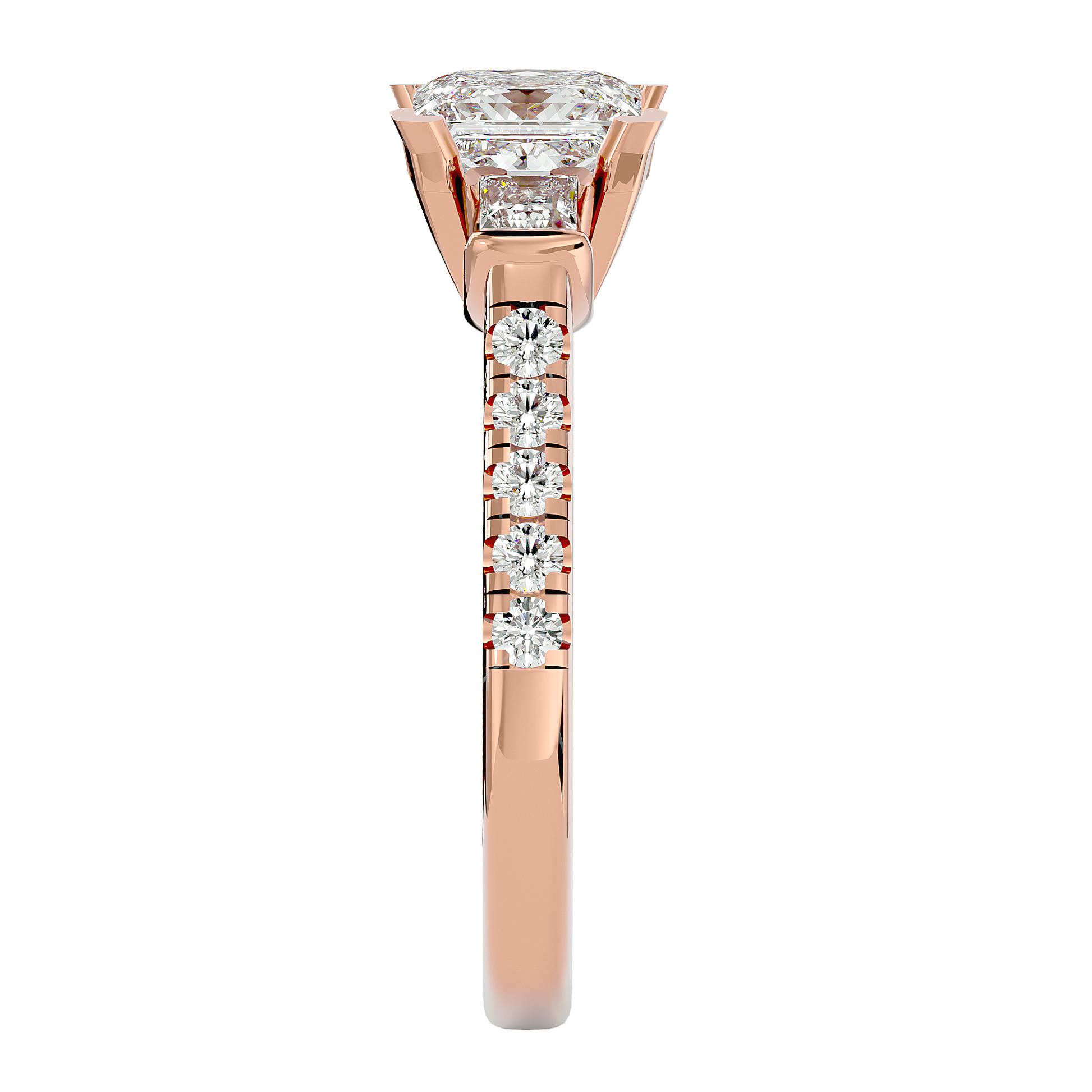 Lab Grown Princess Cut Diamond Three Stone Ring In Rose Gold