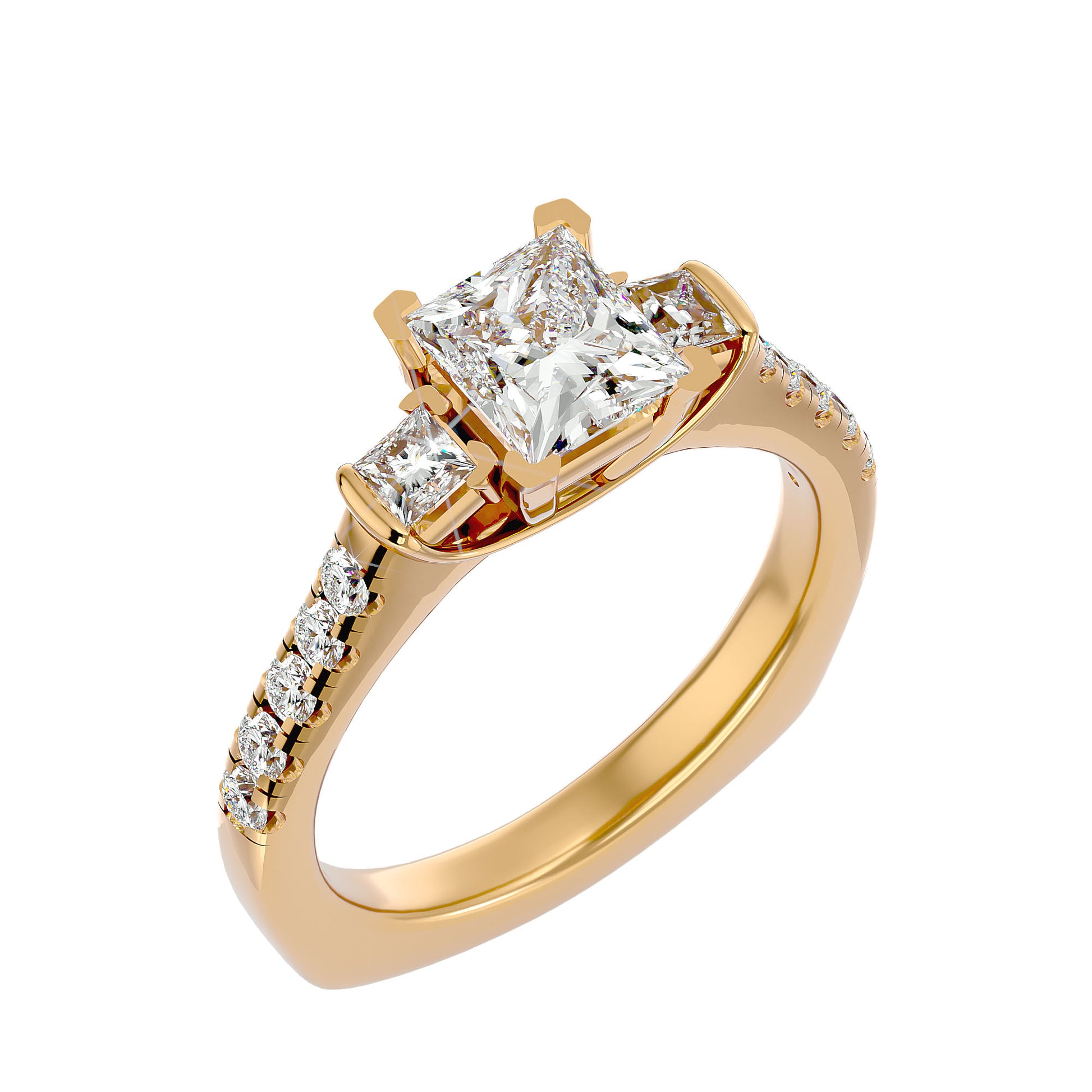 Lab Grown Princess Cut Diamond Three Stone Ring In Yellow Gold