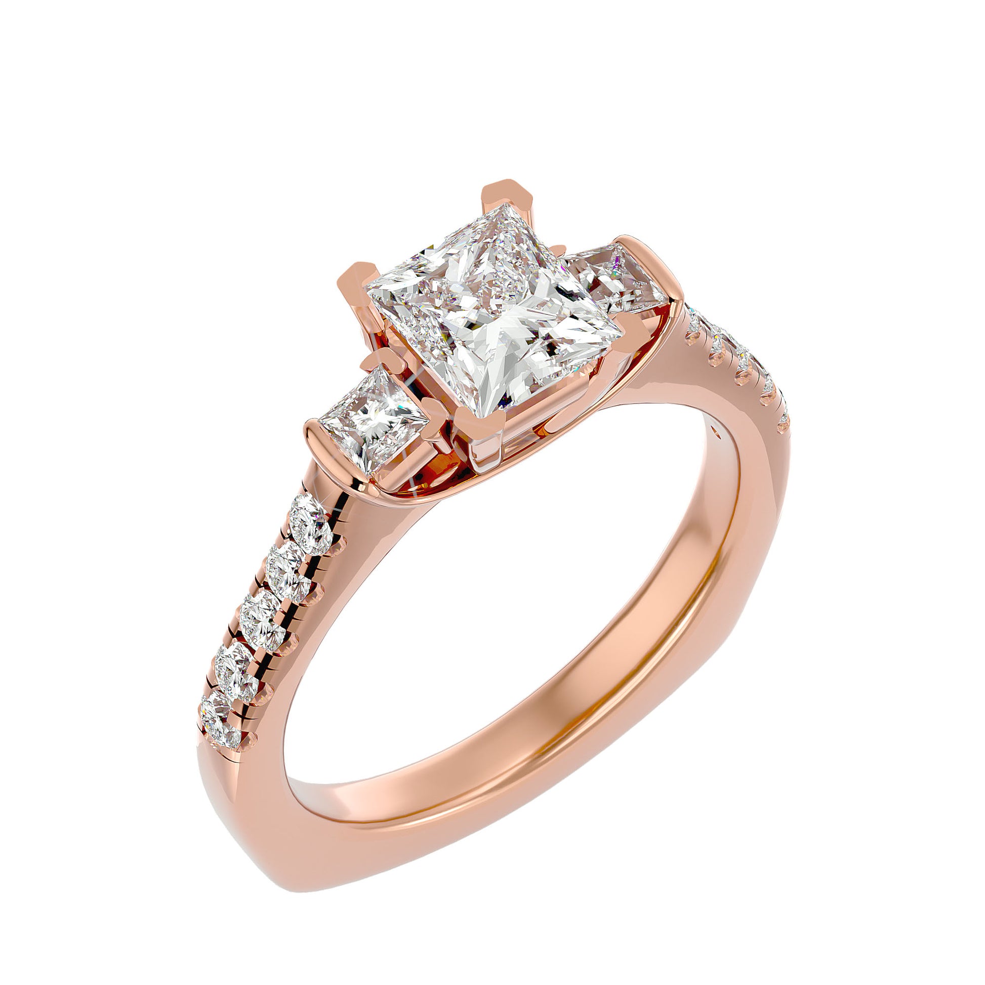 Lab Grown Princess Cut Diamond Three Stone Ring In Rose Gold