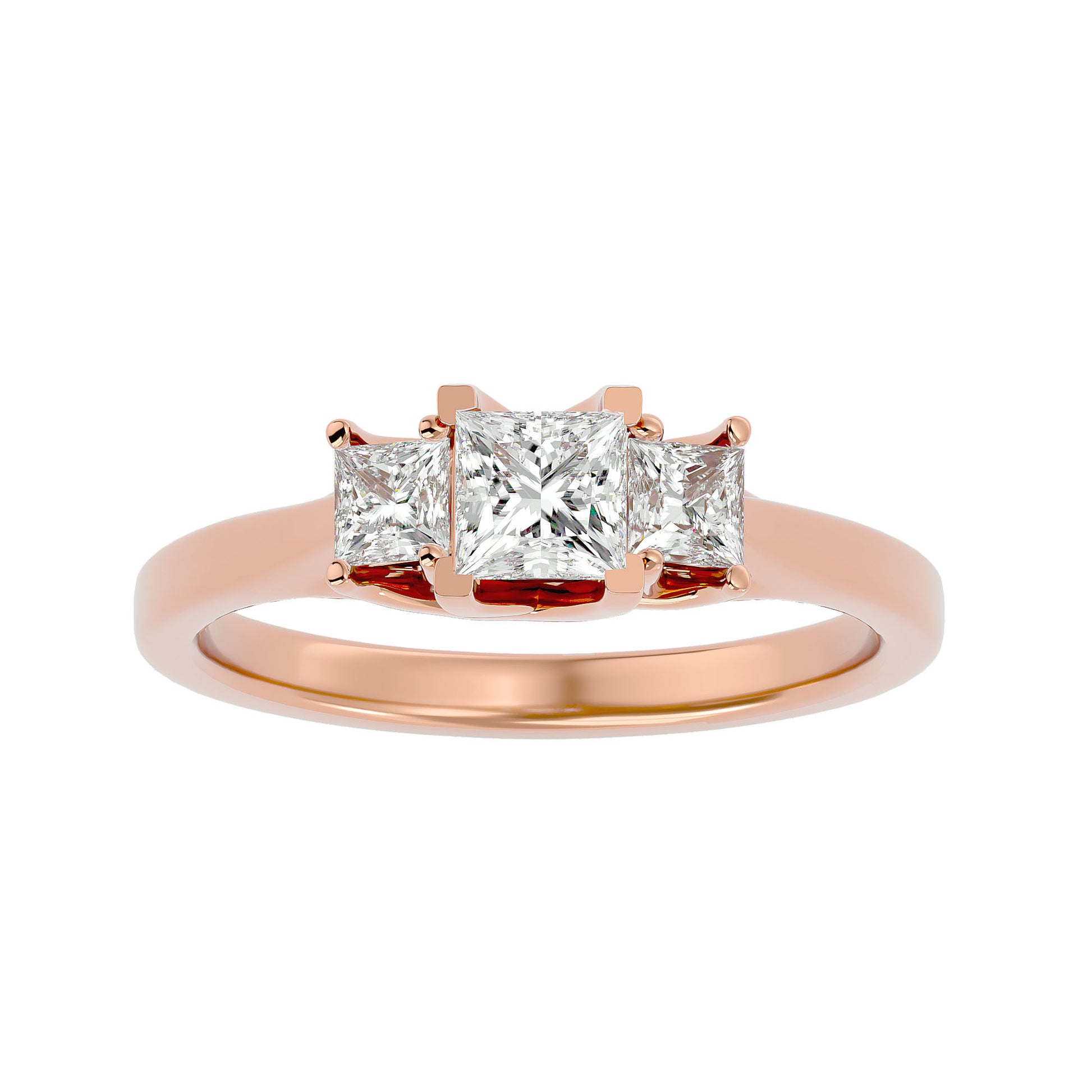 Beautiful Lab Grown Princess Cut Diamond Three Stone Ring In Rose Gold