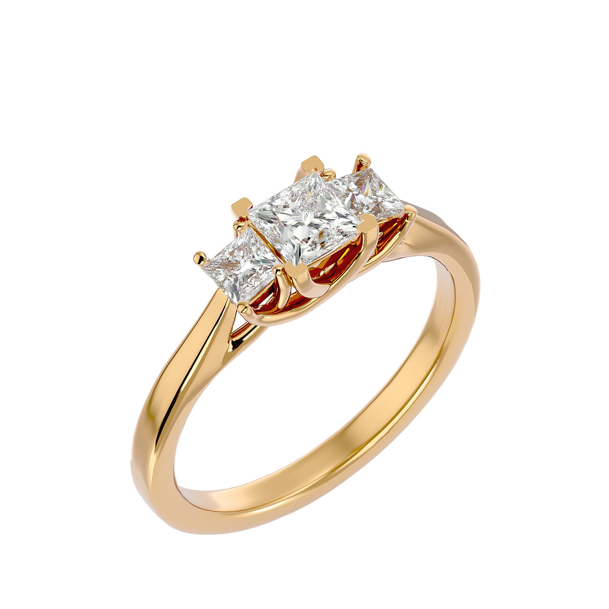 Beautiful Lab Grown Princess Cut Diamond Three Stone Ring In Yellow Gold