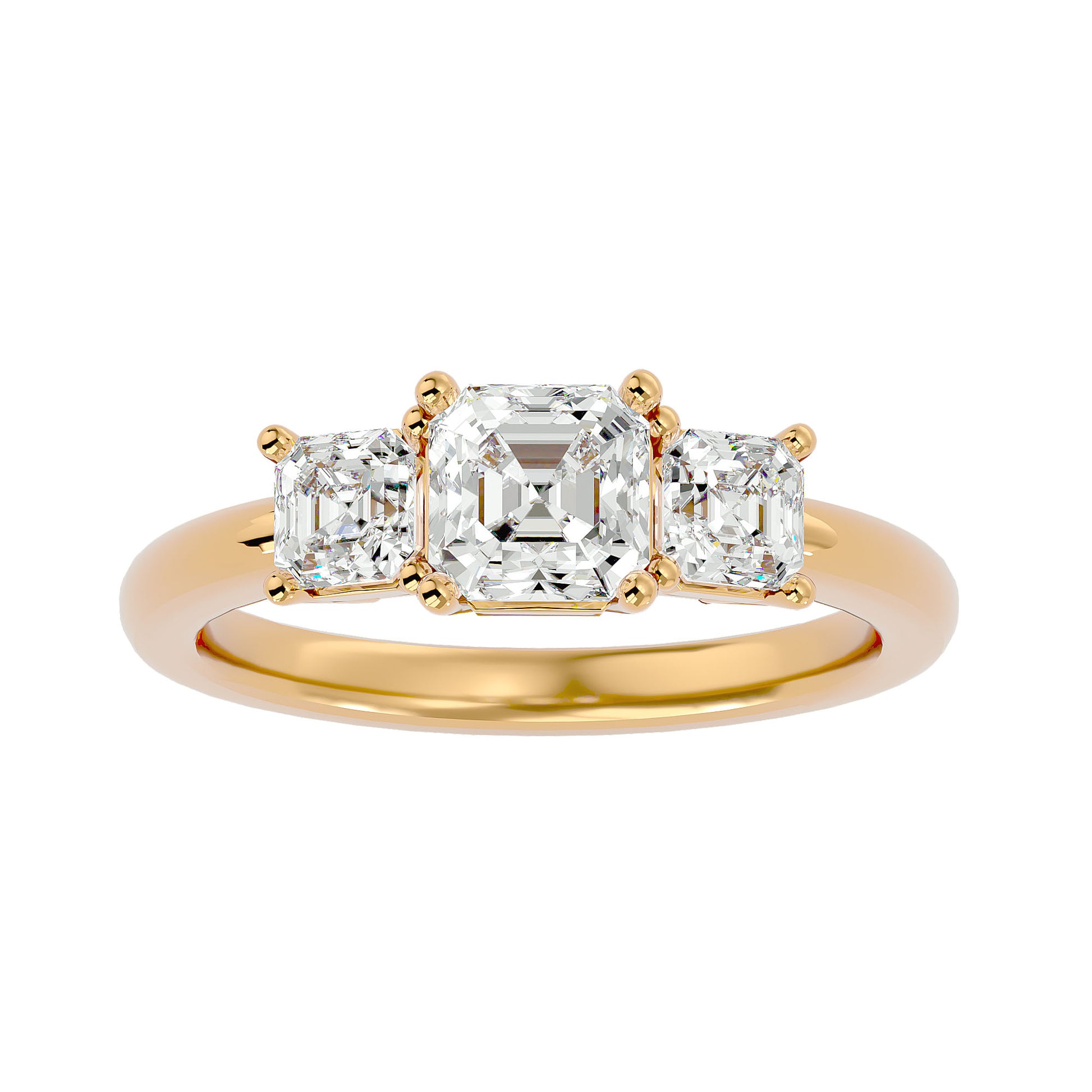 Lab Grown Emerald Cut Diamond Three Stone Ring In Yellow Gold